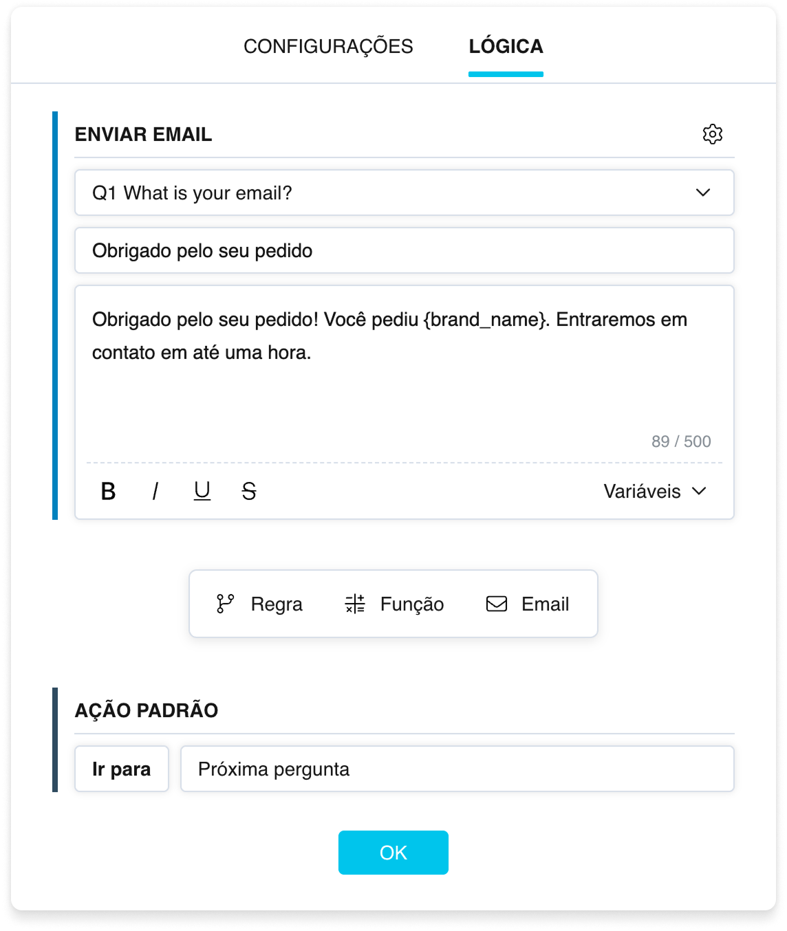 O bloco «Email»: campos de destinatário, assunto e corpo, com uma linha azul à esquerda