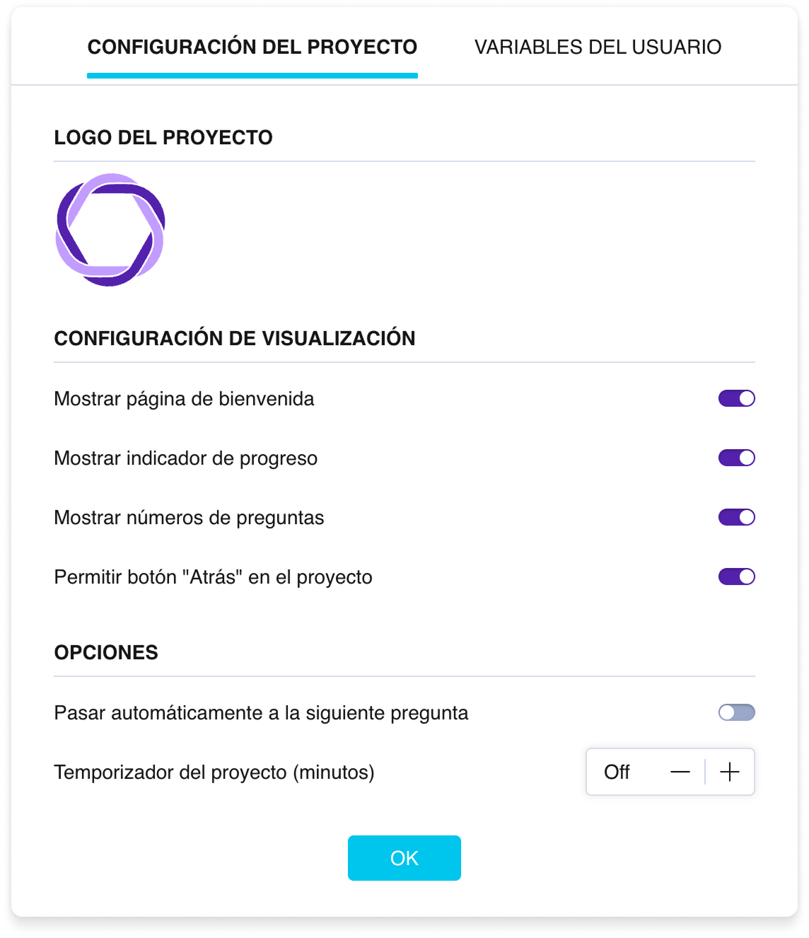 La ventana de configuración de la encuesta, la pestaña Configuración de la encuesta, con interruptores para las opciones de visualización