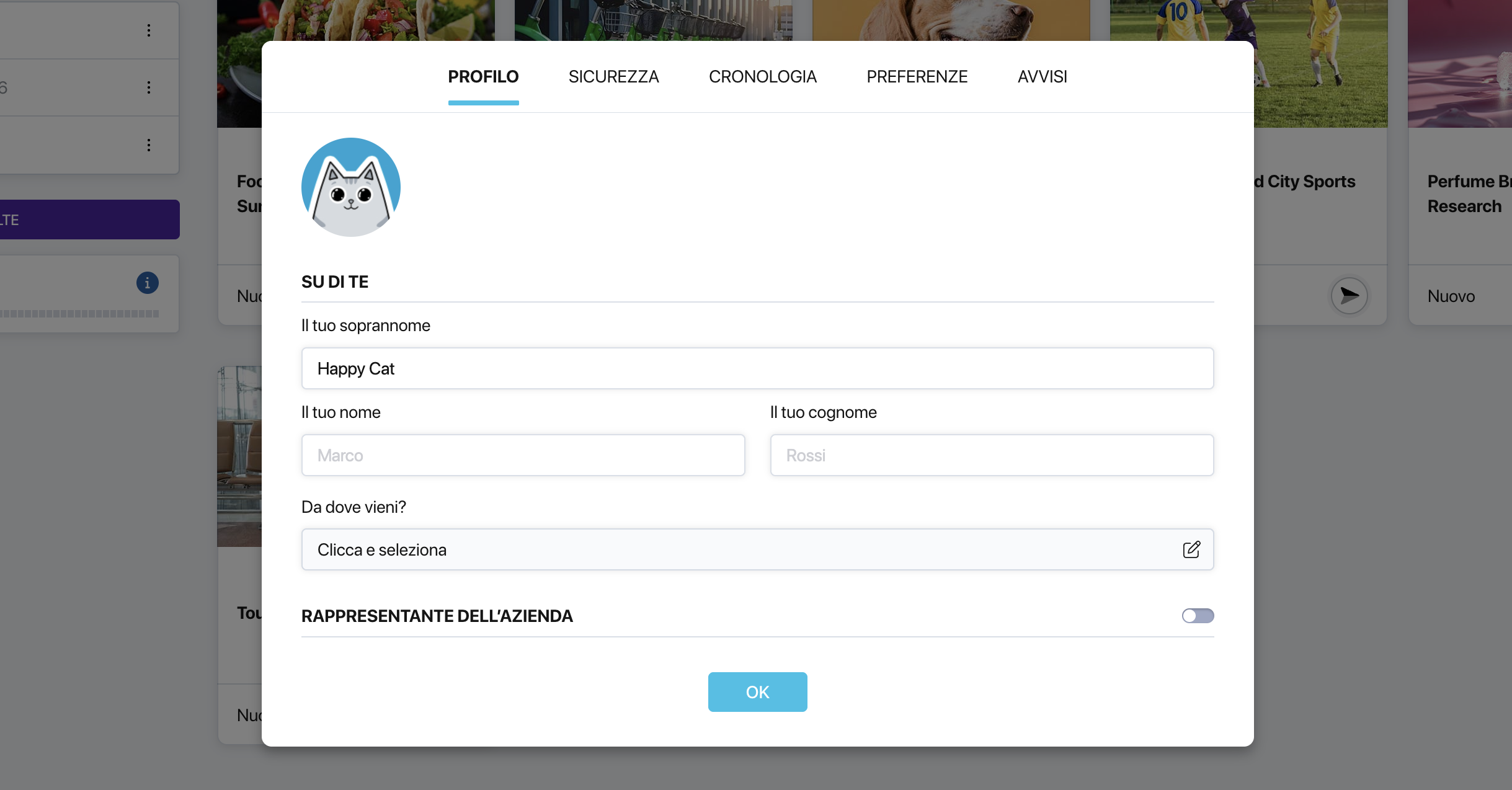 Scheda «Profilo» di Pollsar con i campi soprannome, nome e avatar