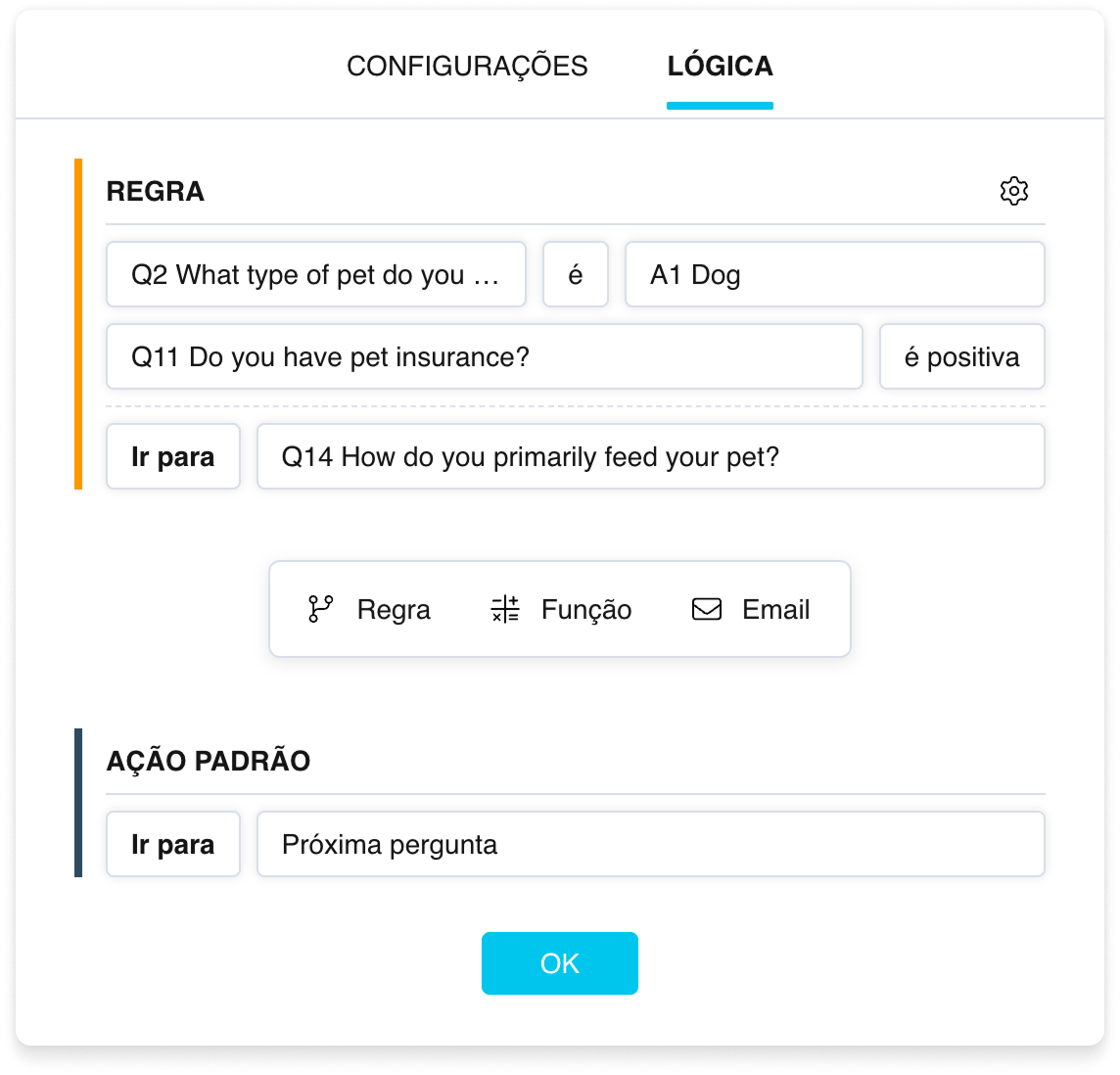 Um bloco «Regra»: linhas de condições e uma linha de ação, com uma linha laranja à esquerda
