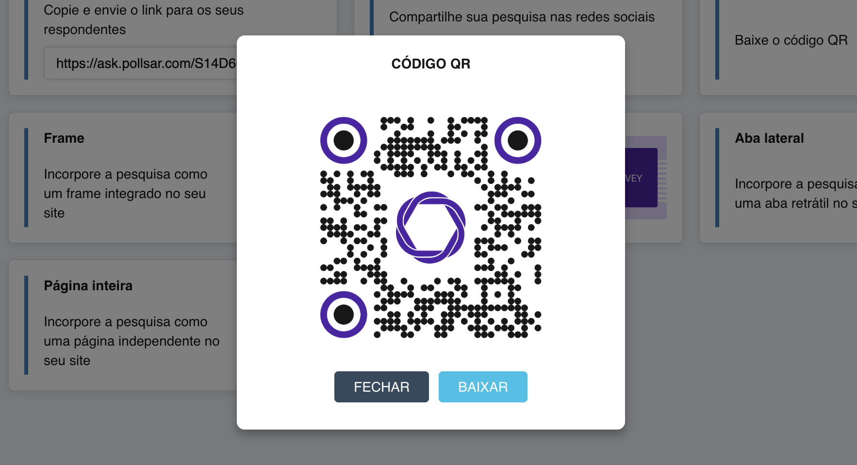 A janela do código QR: um código QR grande de marca com um botão de download
