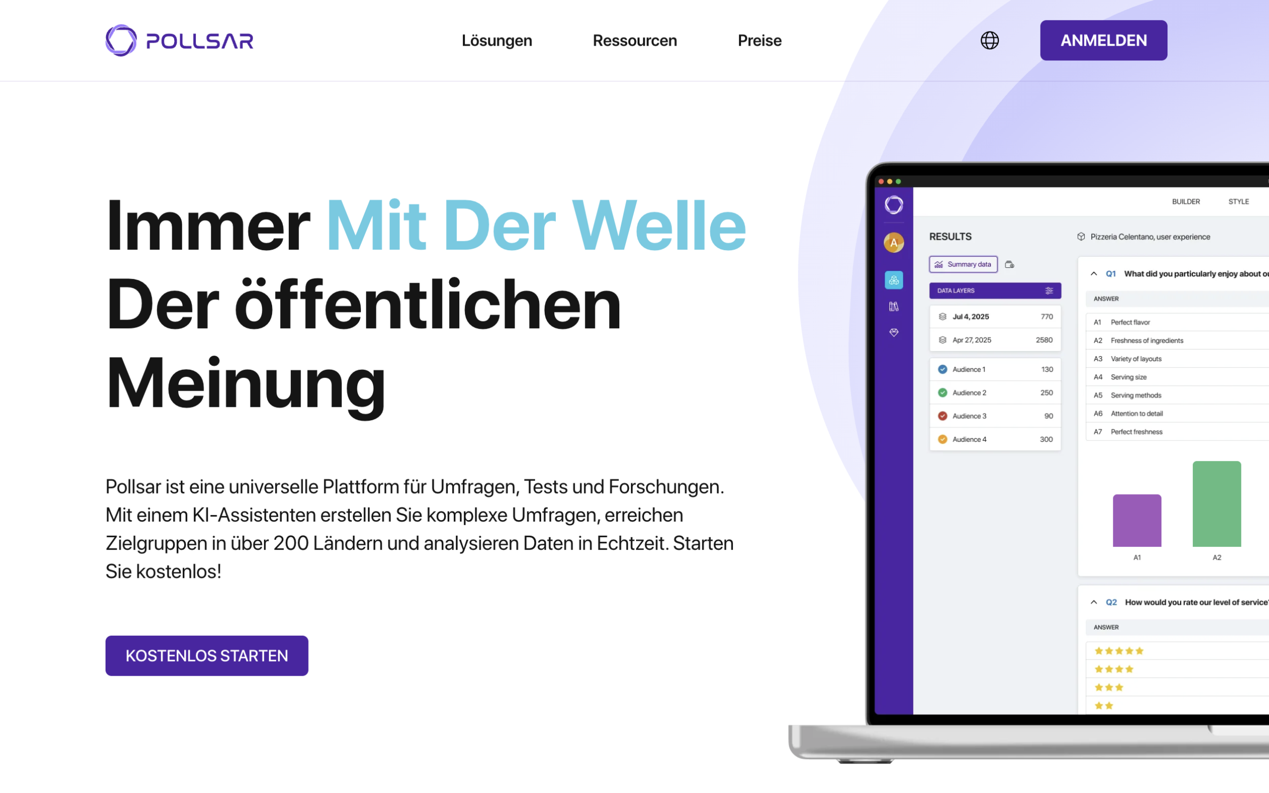 Startseite der Pollsar-Plattform mit der Registrierungsschaltfläche