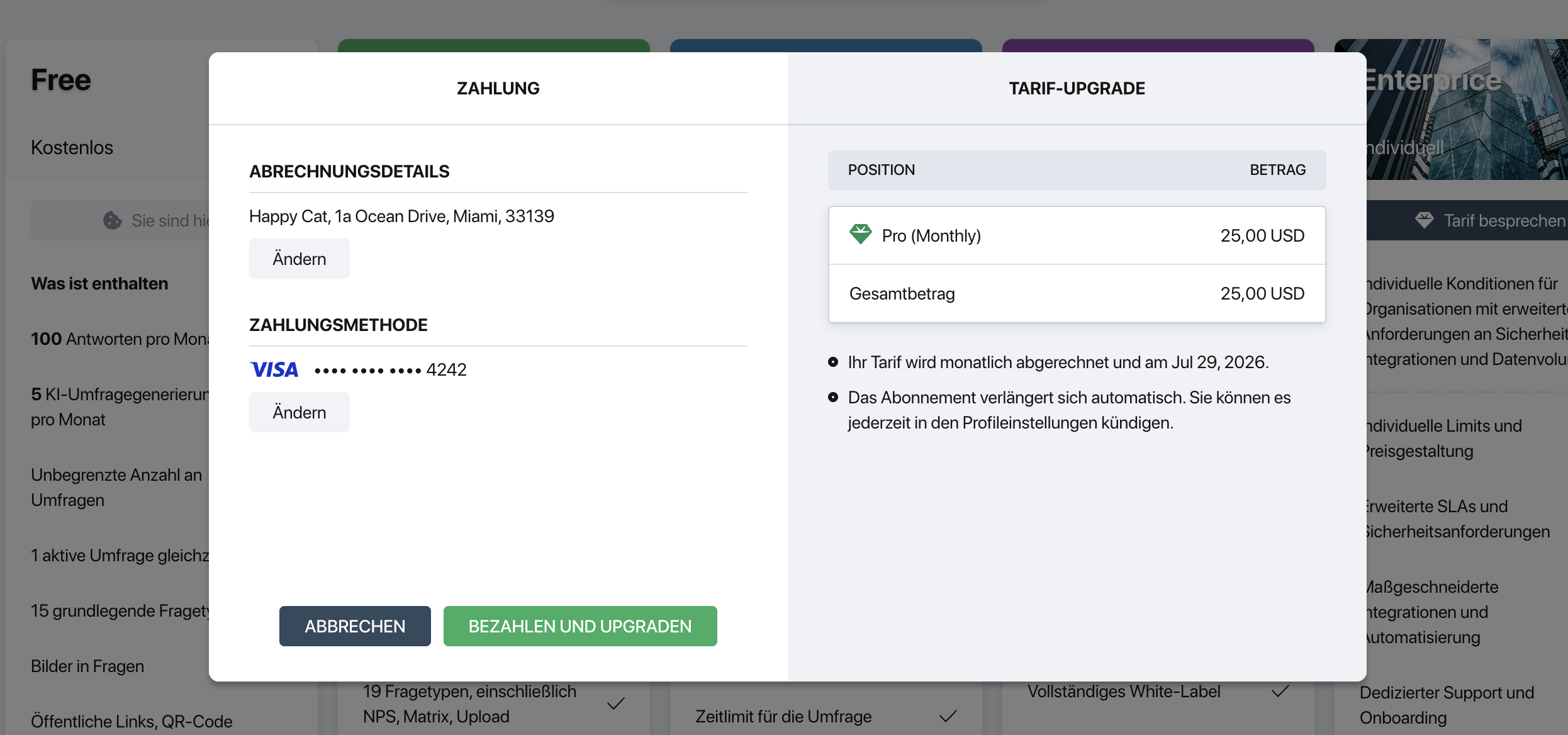 Pollsar-Zahlungsfenster — Zahlungsbereich mit Abrechnungsdetails und Zahlungsmethode links, Tarif-Upgrade-Tabelle rechts, Schaltflächen Abbrechen und Bezahlen und upgraden unten