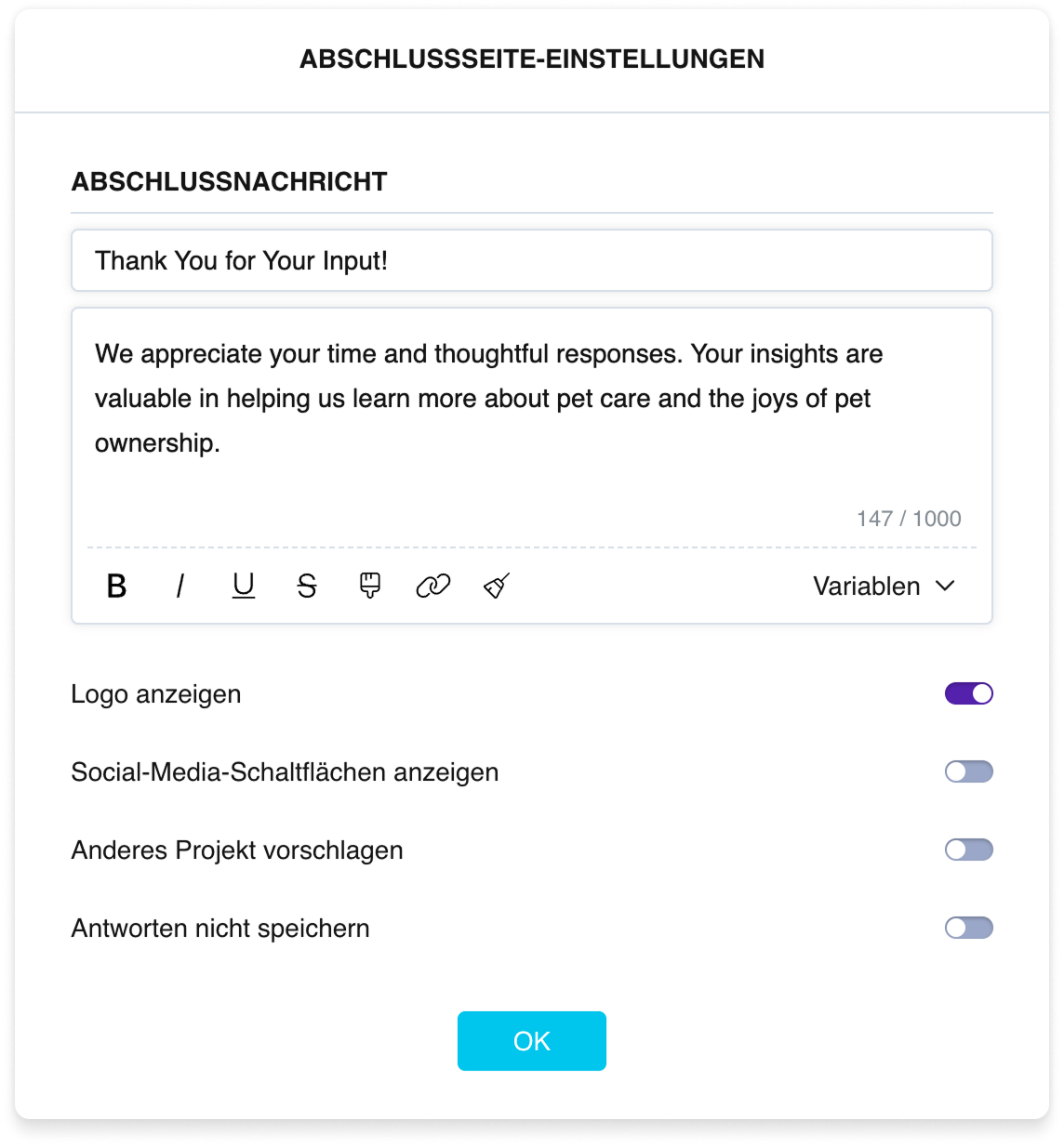 Die Einstellungen der finalen Seite: Titel- und Textfelder sowie Schalter für das Logo, soziale Netzwerke, einen Link zu einer anderen Umfrage und die Option „Antworten nicht aufzeichnen“