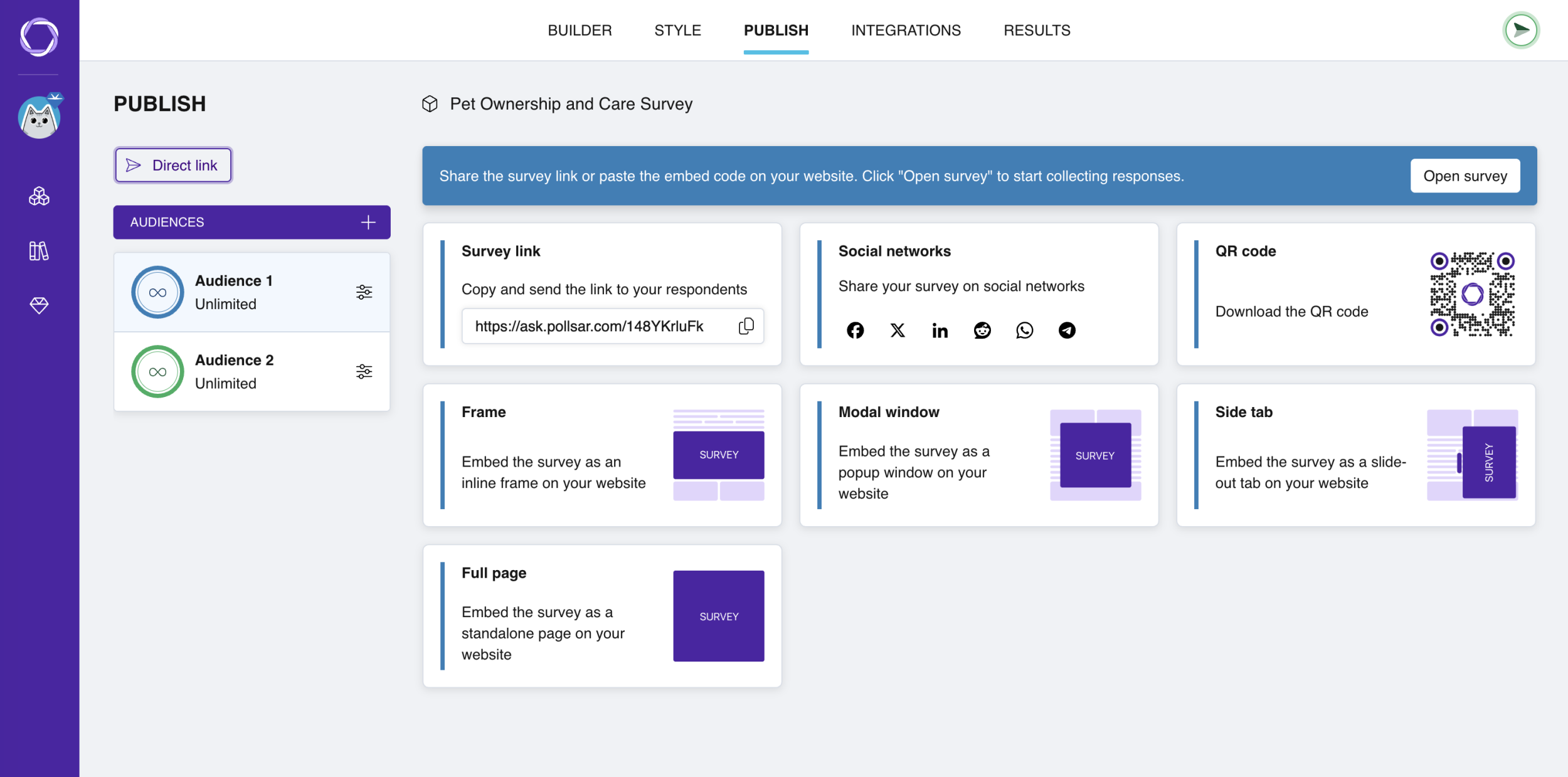 The status banner on the Publish tab in two states: survey closed and survey open
