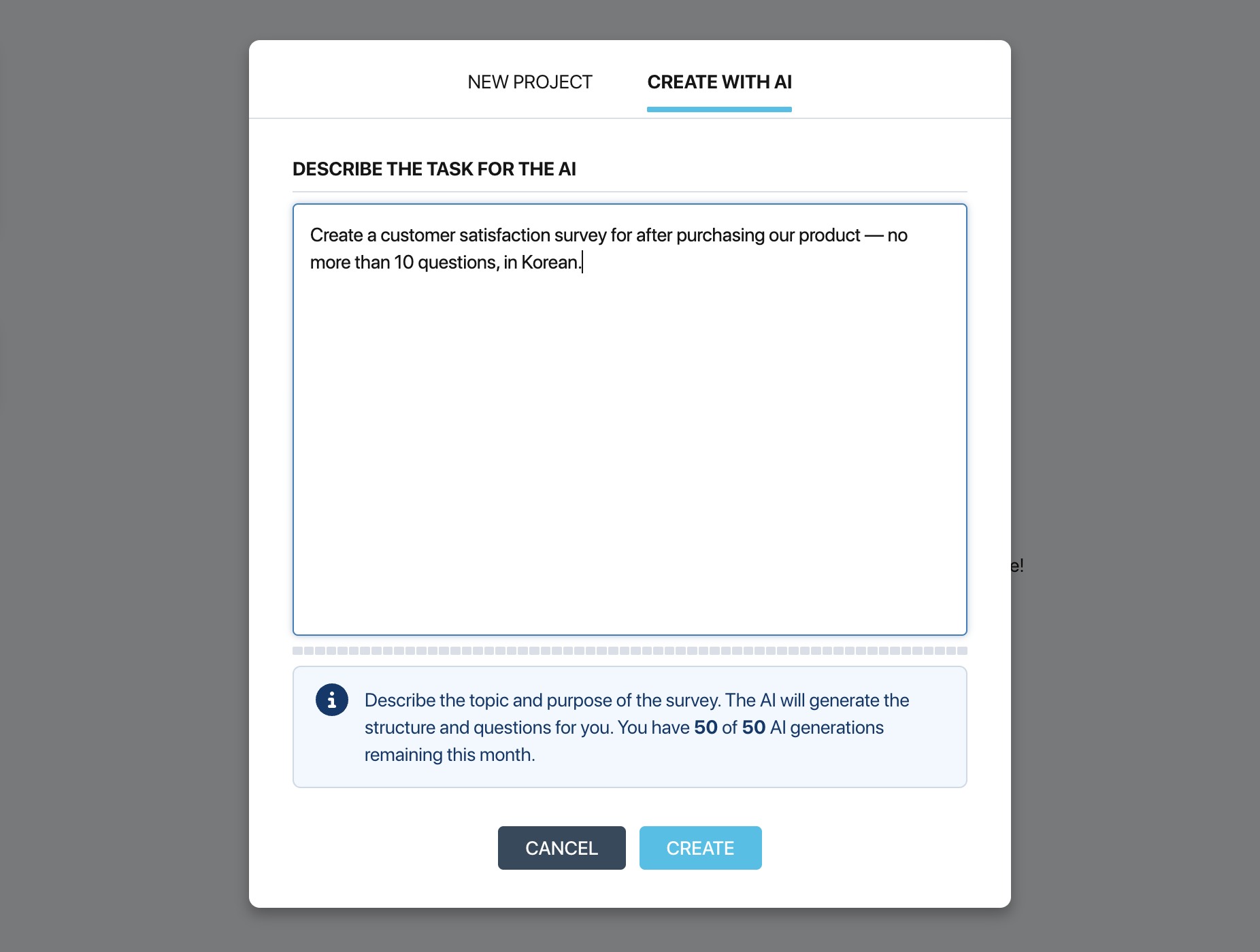 Pollsar project creation window — the Create with AI tab with the task description text field and the generations indicator