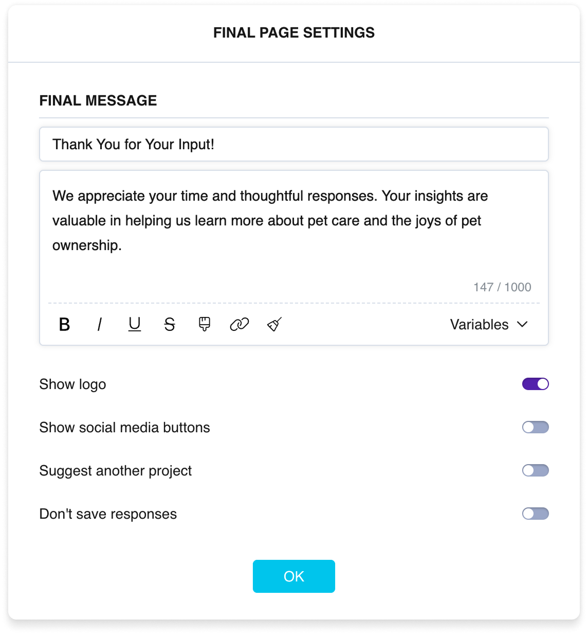 The final page settings: title and text fields, and toggles for the logo, social networks, a link to another survey, and the 'Do not record responses' option