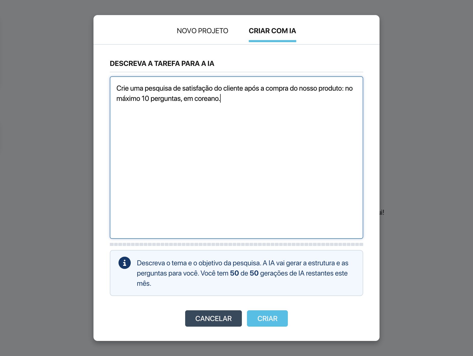 Janela de criação do projeto do Pollsar — a aba Criar com IA com o campo de texto de descrição da tarefa e o indicador de gerações