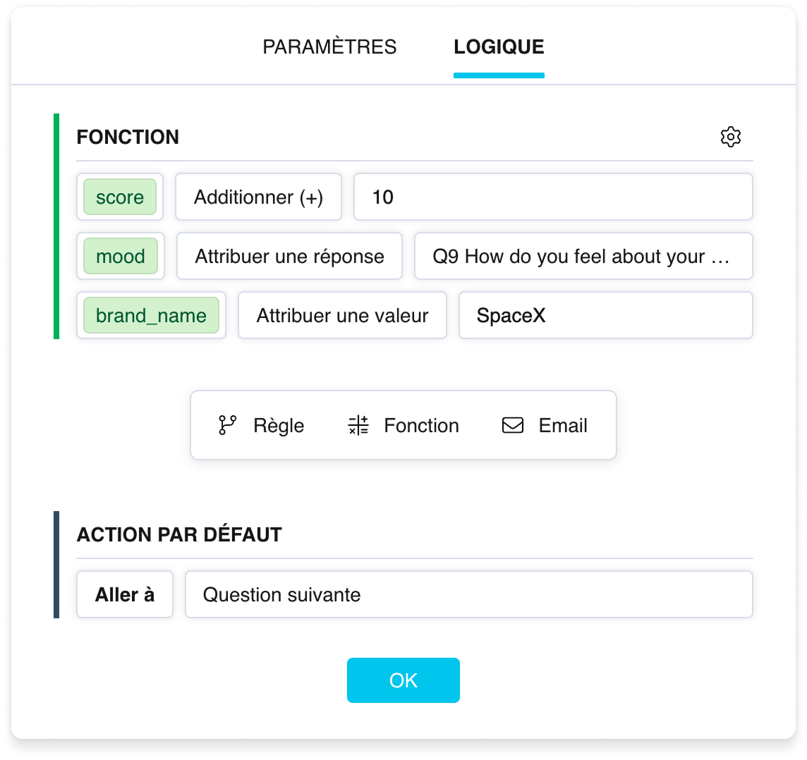 Un bloc « Fonction » : expressions avec des badges verts de variables et une ligne verte à gauche