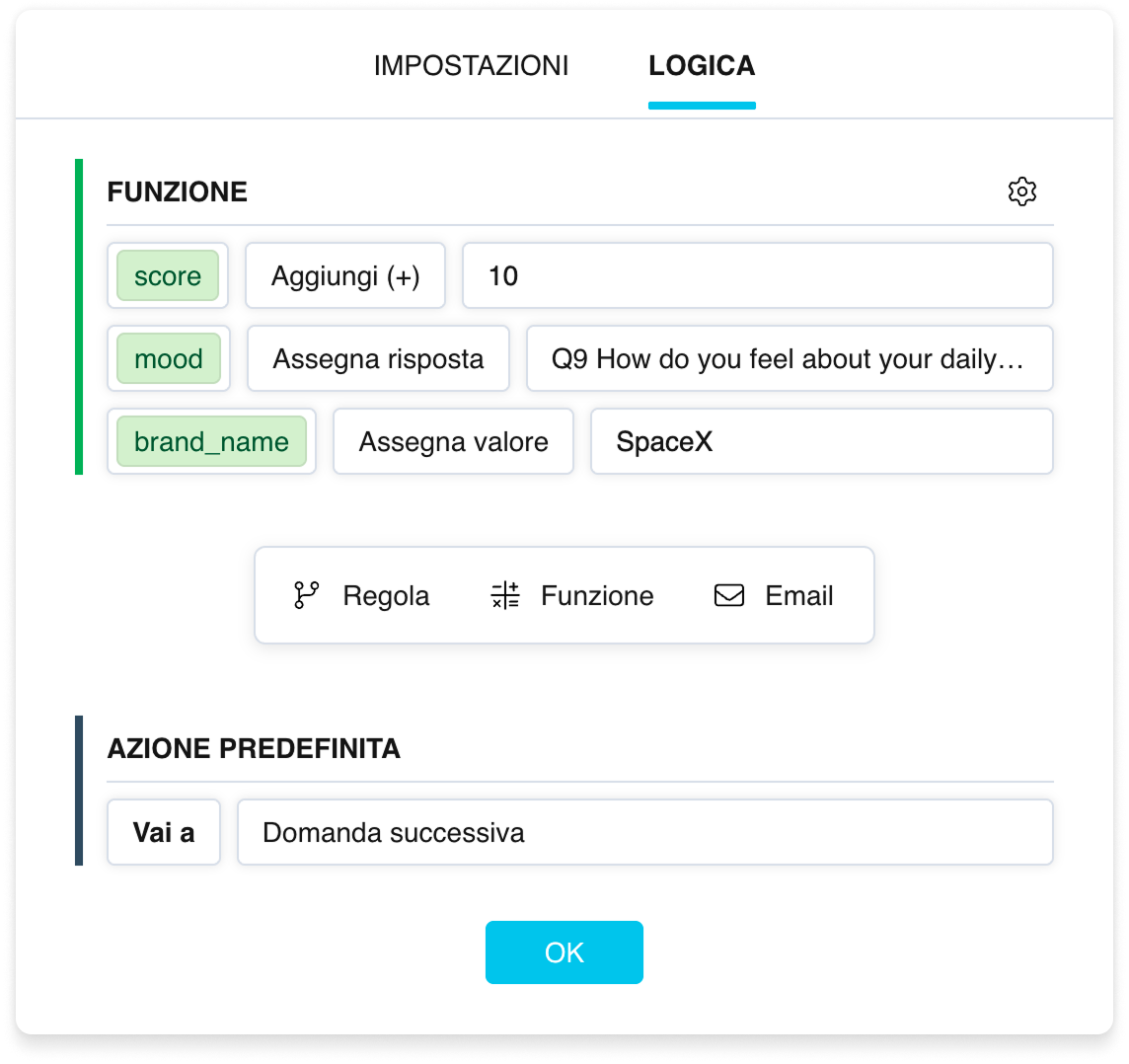 Un blocco «Funzione»: espressioni con badge verdi di variabili e una linea verde a sinistra