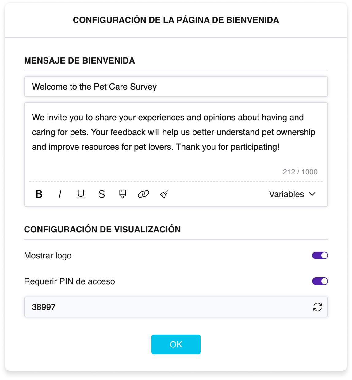 La configuración de la página de bienvenida: campos de título y texto con una barra de formato, e interruptores para el logotipo y el código PIN