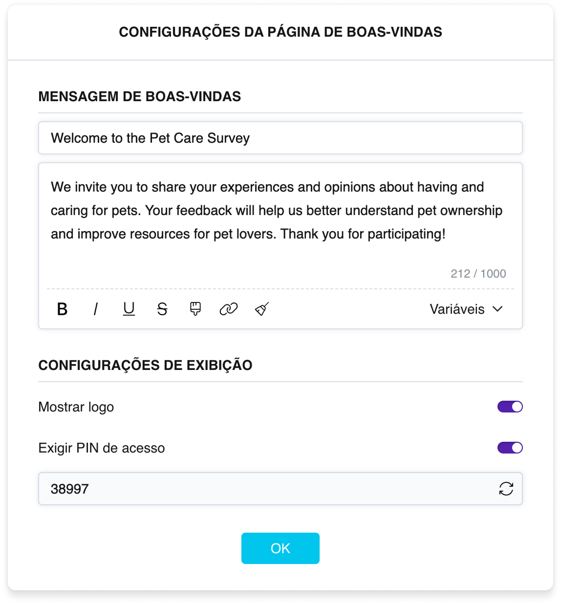 As configurações da página de boas-vindas: campos de título e texto com uma barra de formatação e alternadores para o logotipo e o código PIN