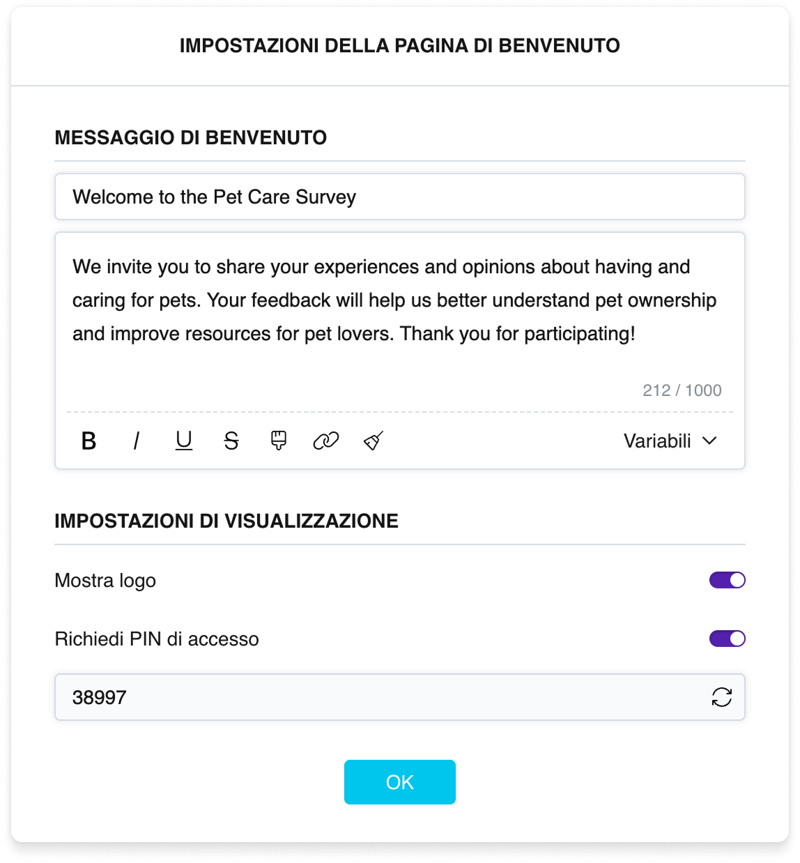 Le impostazioni della pagina di benvenuto: campi di titolo e testo con una barra di formattazione e interruttori per il logo e il codice PIN