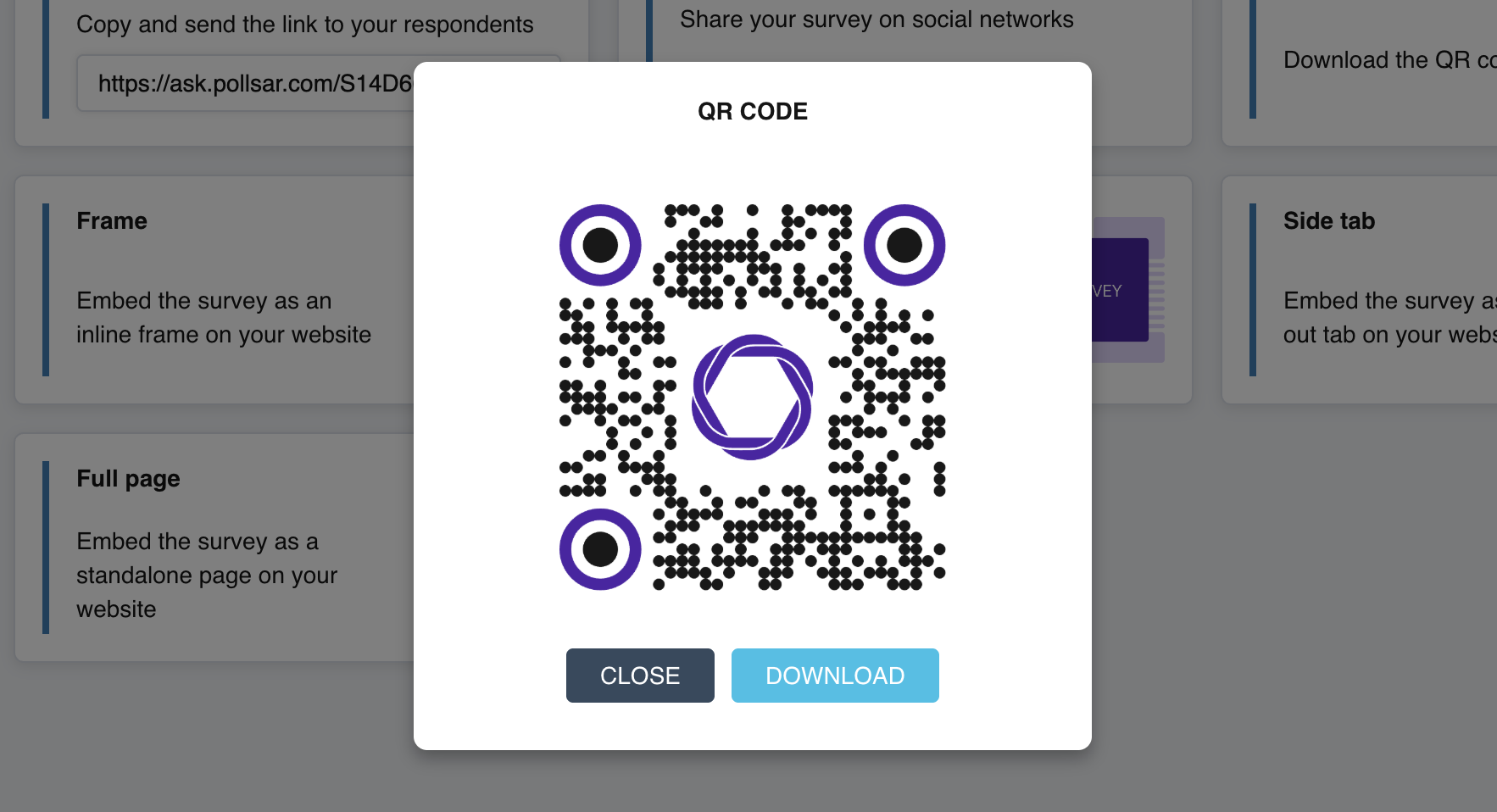 The QR code window: a large branded QR code with a download button