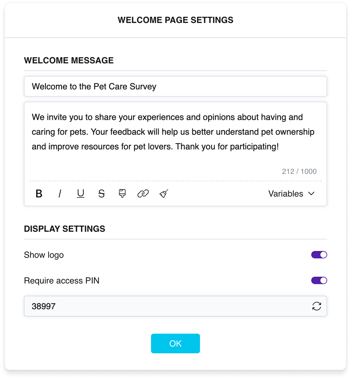 The welcome page settings: title and text fields with a formatting toolbar, and toggles for the logo and PIN code