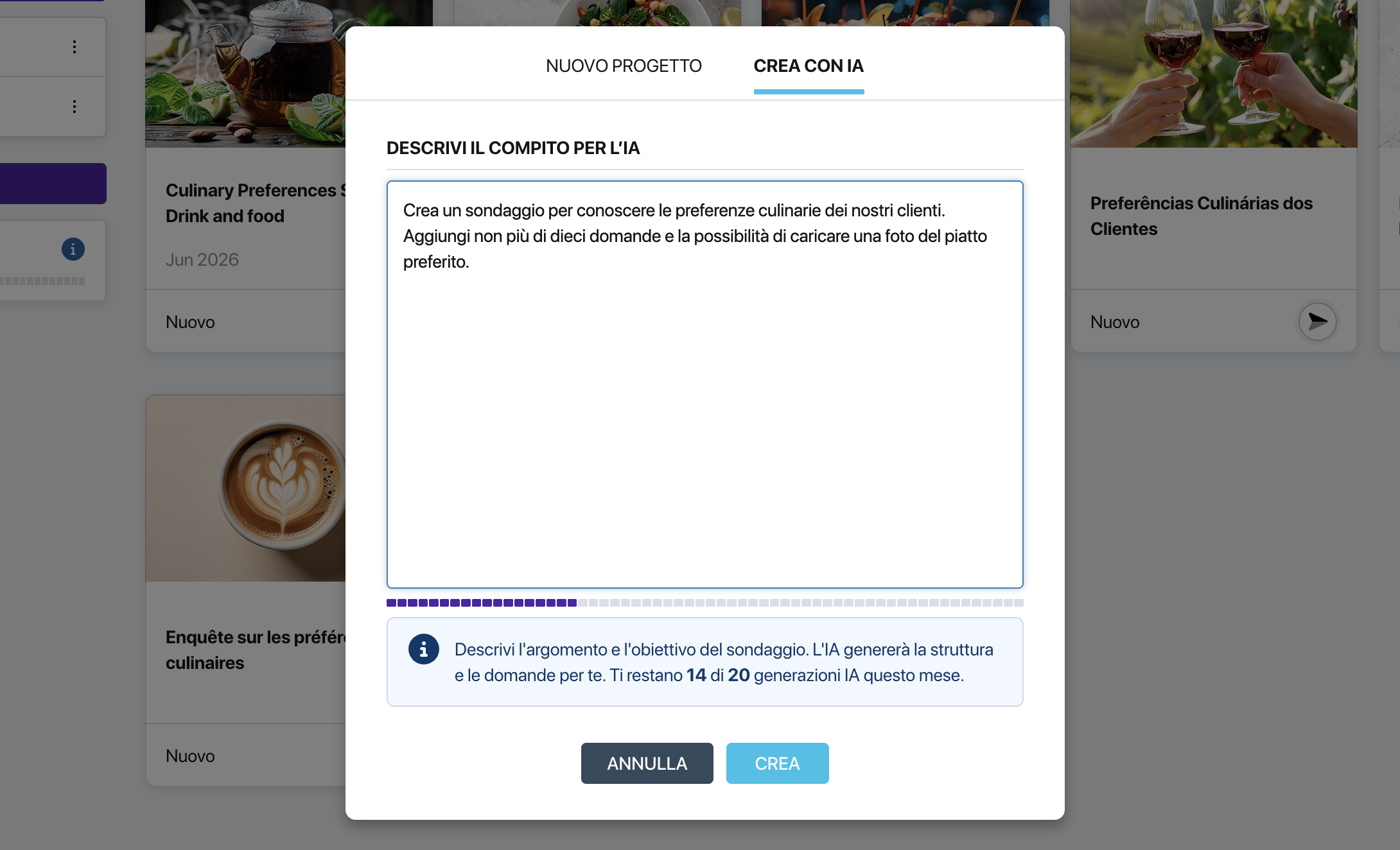 Finestra di creazione del sondaggio con l'assistente IA in Pollsar