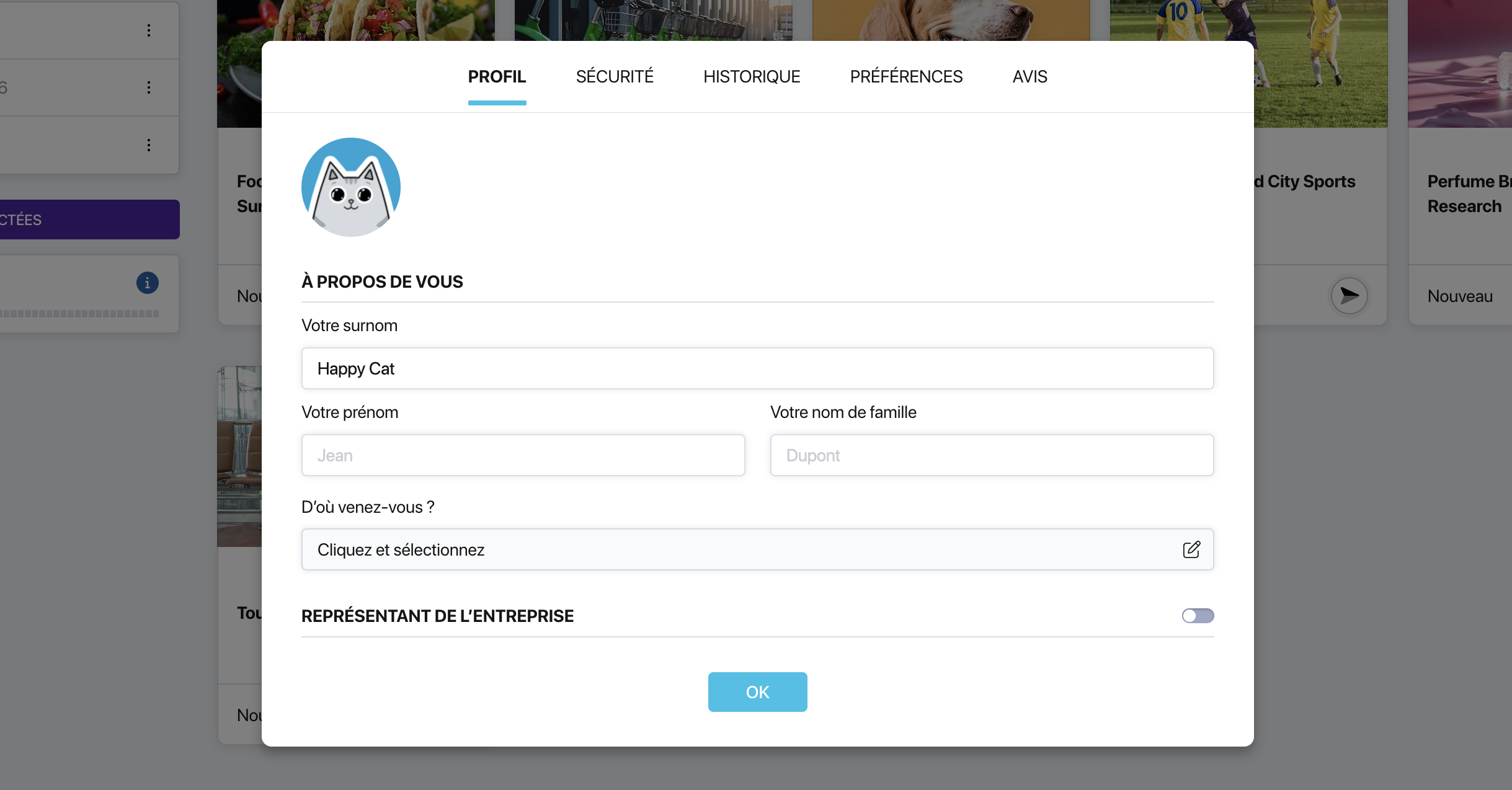 Onglet « Profil » de Pollsar avec les champs pseudonyme, nom et avatar