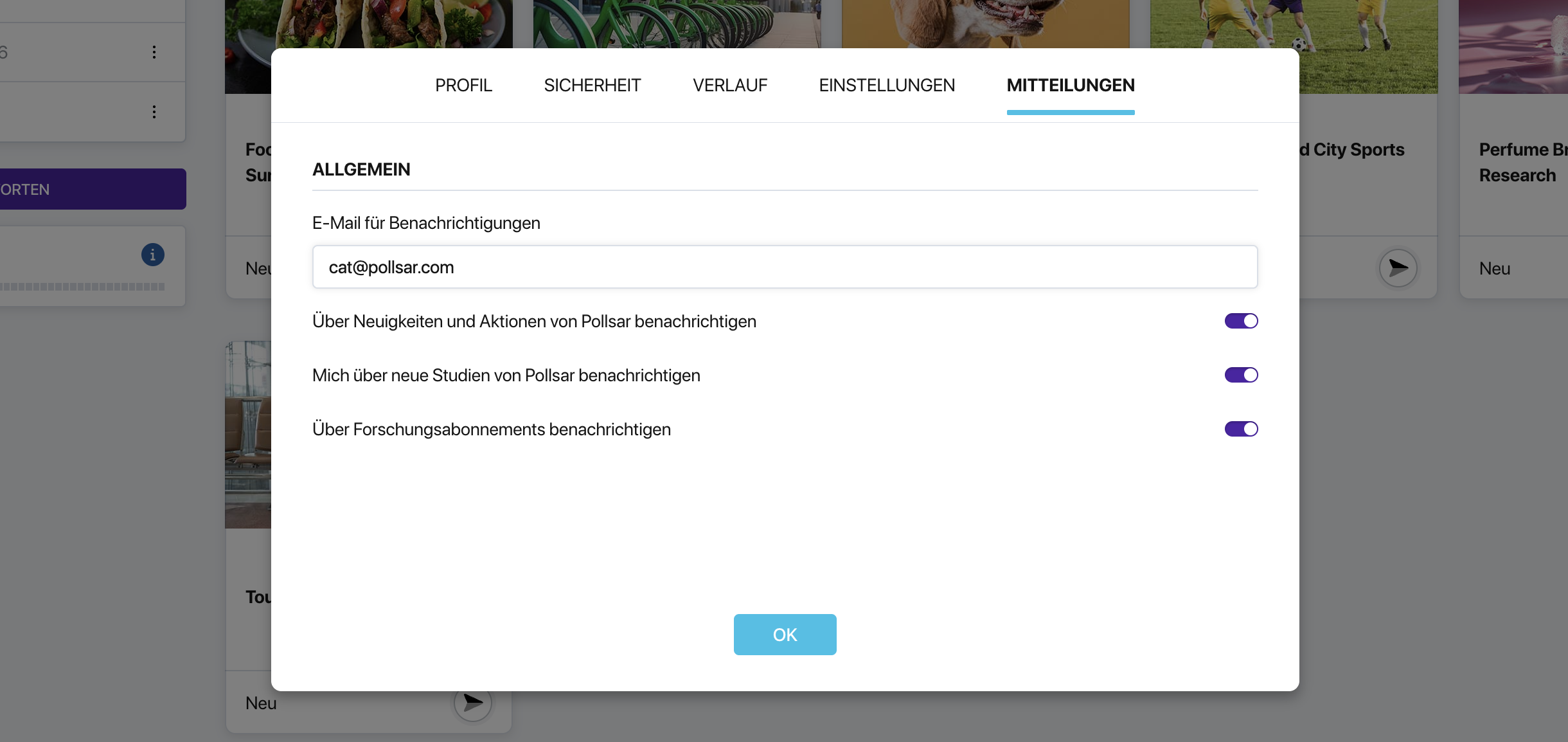 Tab «Benachrichtigungen» in den Pollsar-Profileinstellungen mit den Blöcken «Allgemein», «Für Autoren» und «Für Befragte»