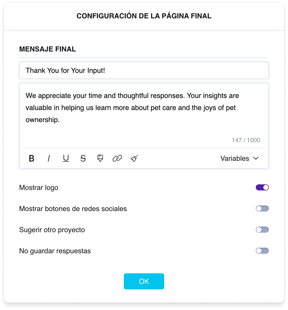 La configuración de la página final: campos de título y texto, e interruptores para el logotipo, las redes sociales, un enlace a otra encuesta y la opción «No registrar respuestas»