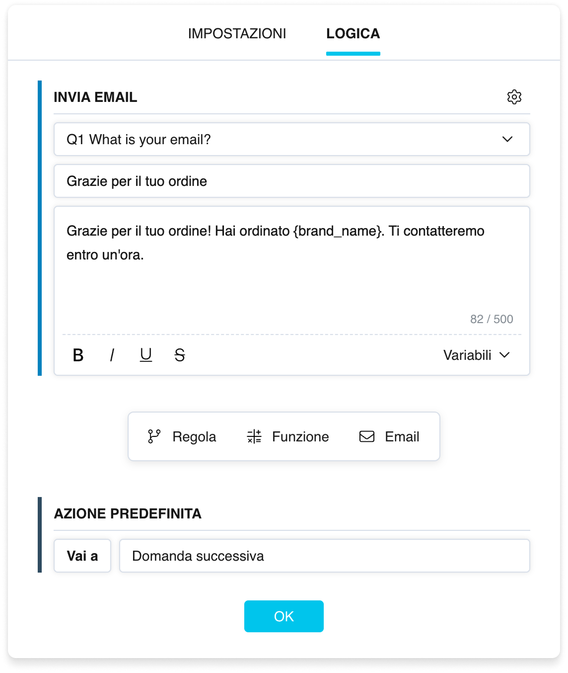Il blocco «Email»: campi destinatario, oggetto e corpo, con una linea blu a sinistra