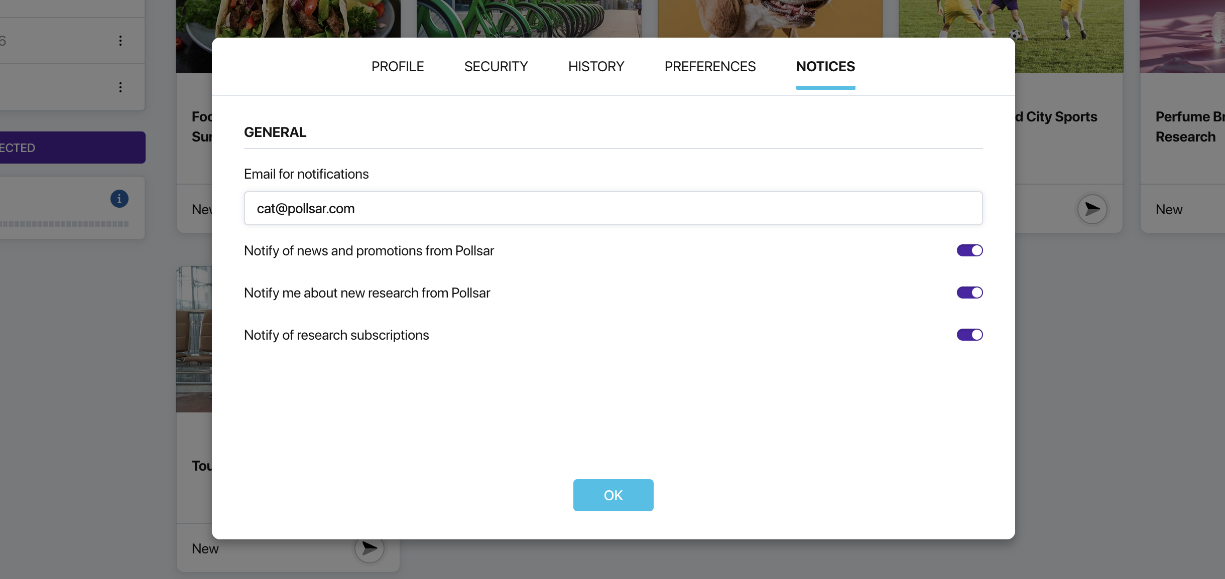 Notices tab in Pollsar profile settings with General, To the Authors, and To the Respondents blocks