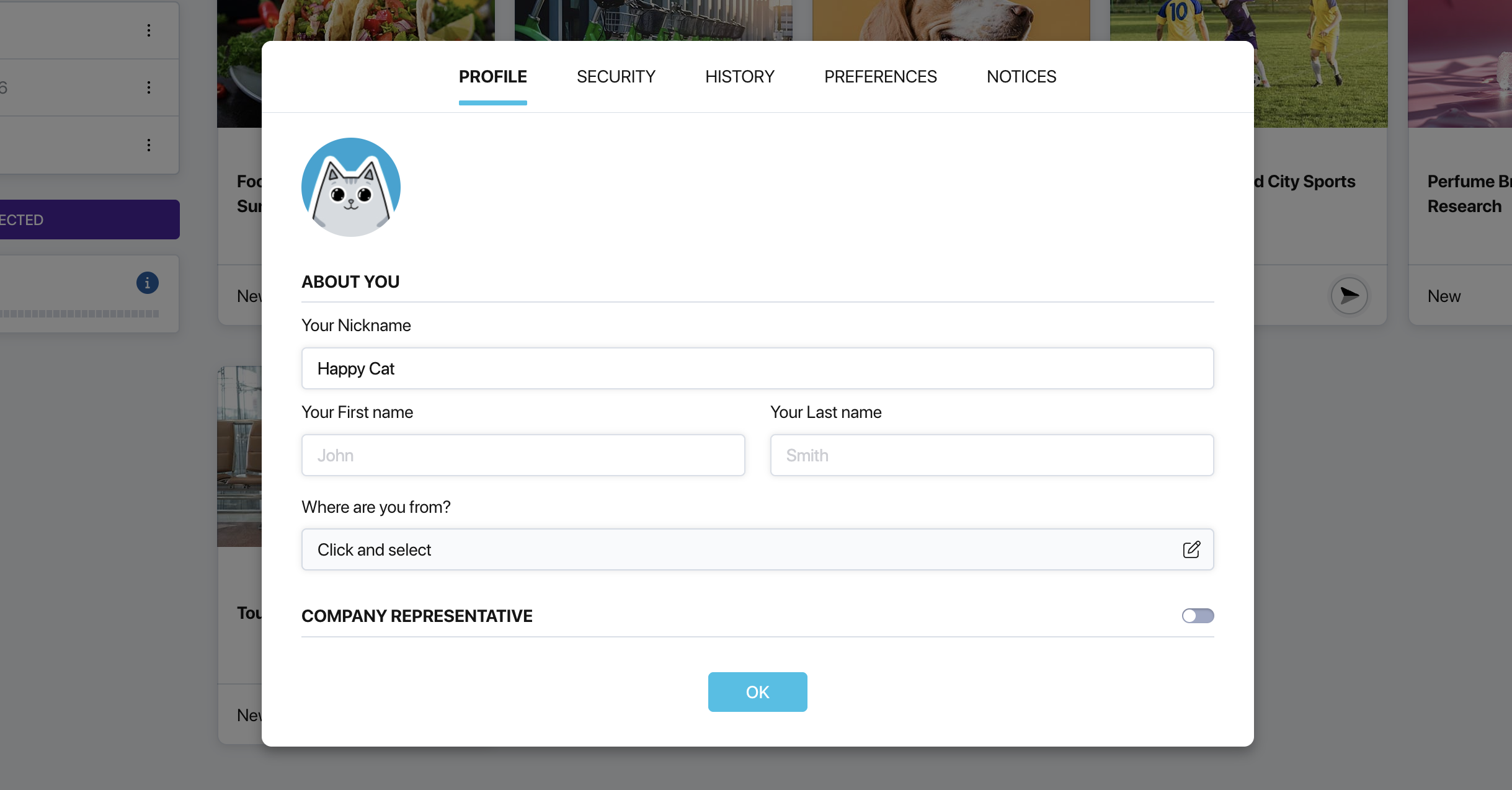Pollsar Profile tab with nickname, name, and avatar fields