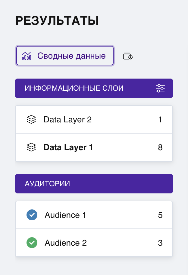 Левая панель раздела «Результаты» со списком аудиторий с чекбоксами, цветными метками и счётчиками ответов