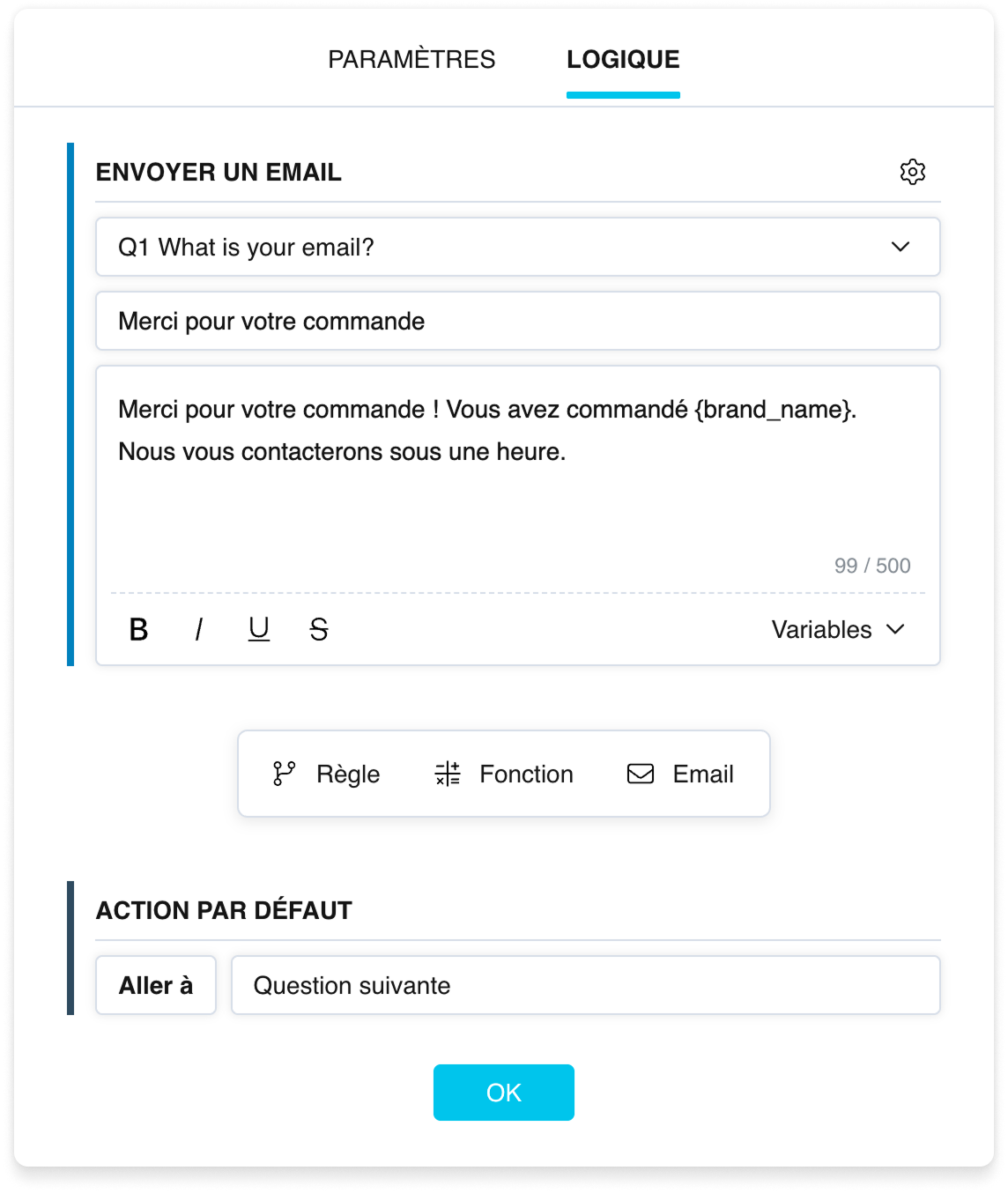 Le bloc « Email » : champs destinataire, objet et corps, avec une ligne bleue à gauche