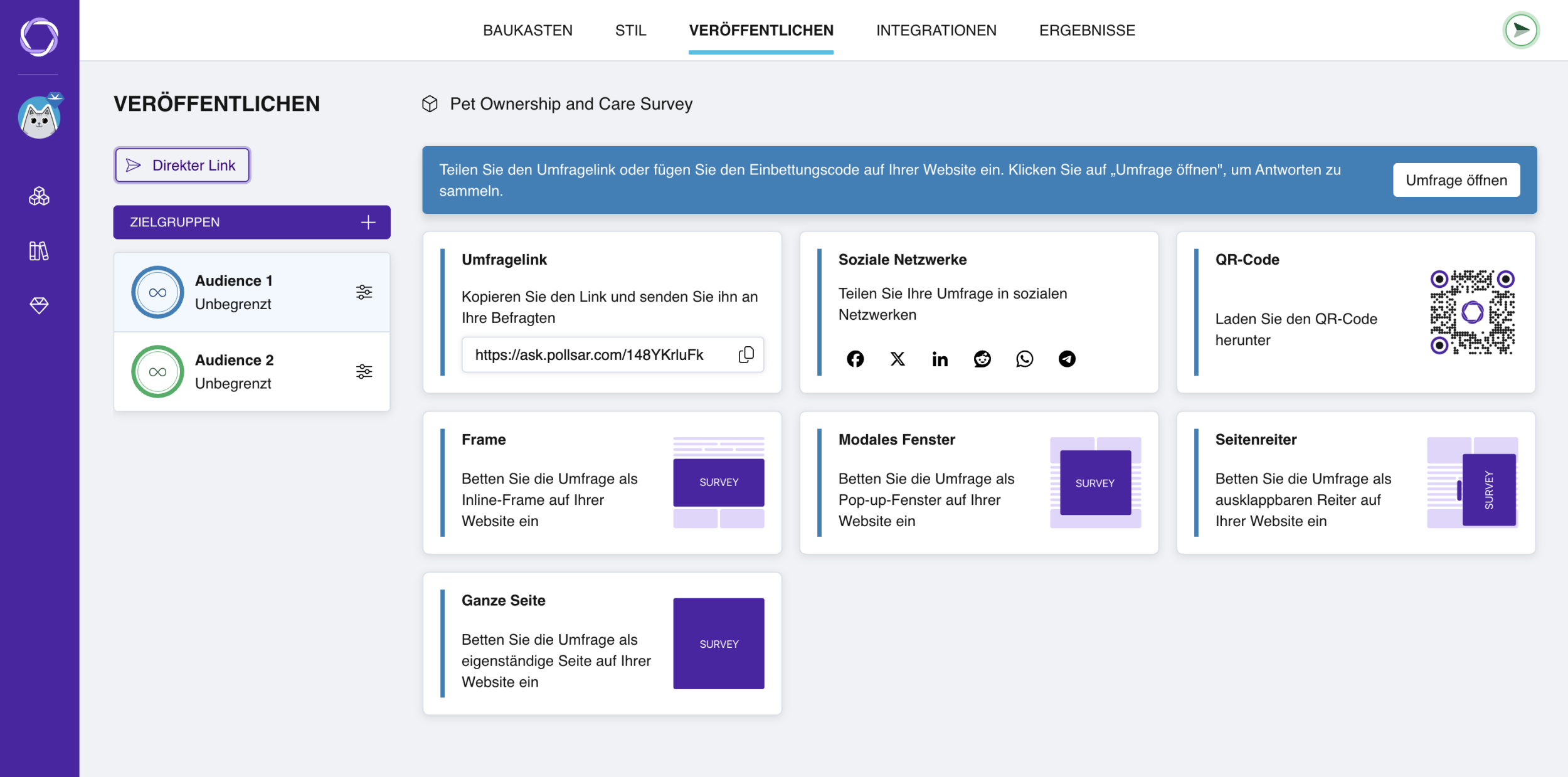 Das Statusbanner im Veröffentlichen-Tab in zwei Zuständen: Umfrage geschlossen und Umfrage geöffnet