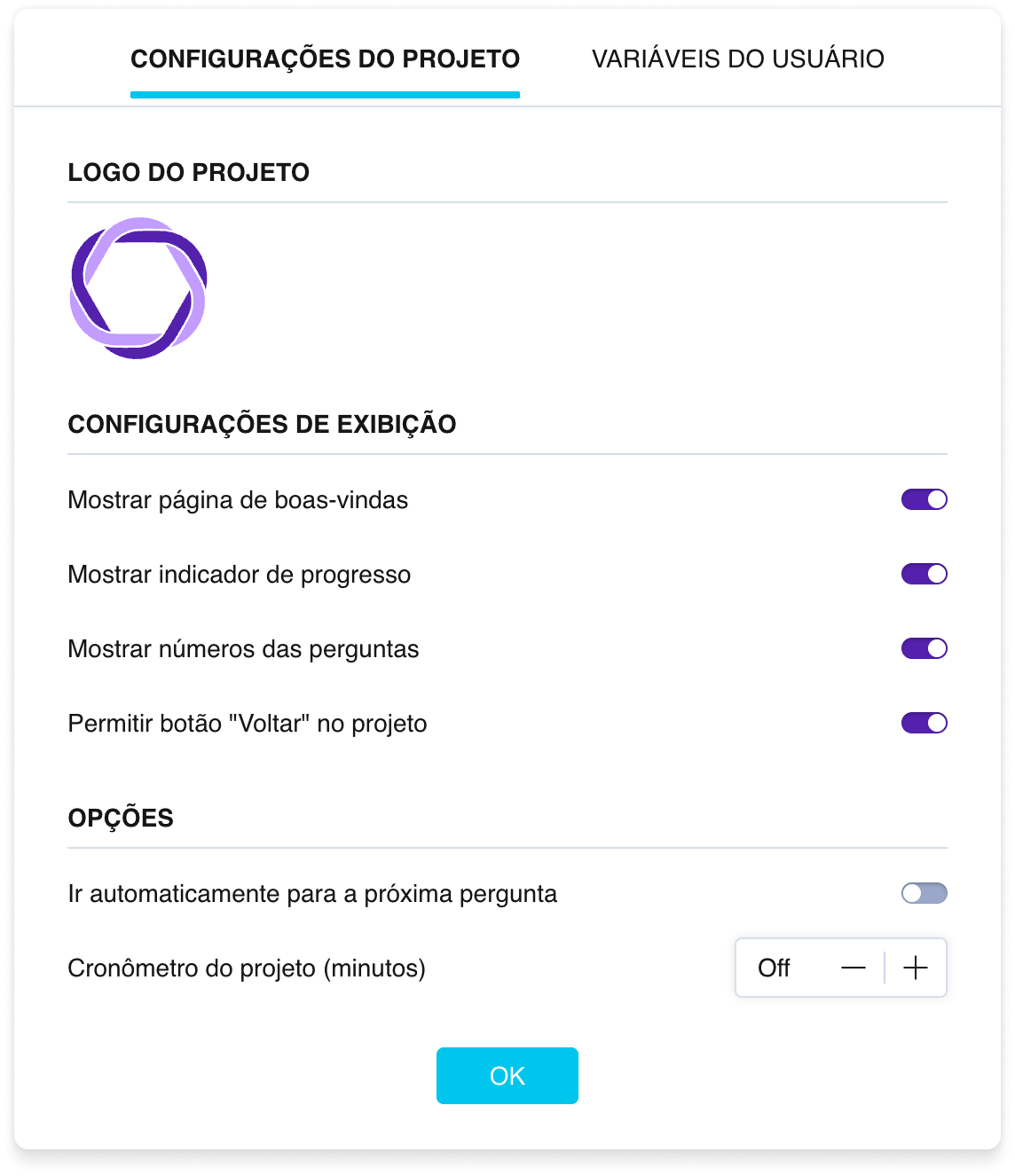 A janela de configurações da pesquisa, a aba Configurações da pesquisa, com alternadores para as opções de exibição