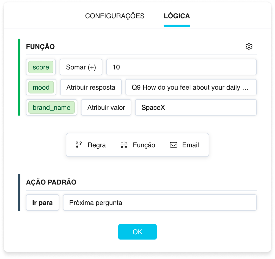 Um bloco «Função»: expressões com selos verdes de variáveis e uma linha verde à esquerda