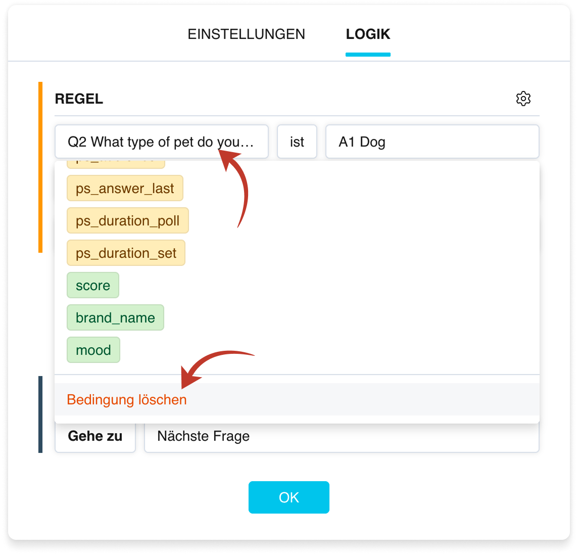 Löschen einer einzelnen Bedingung in einem „Regel“-Block: ein Dropdown mit dem Eintrag „Bedingung löschen“