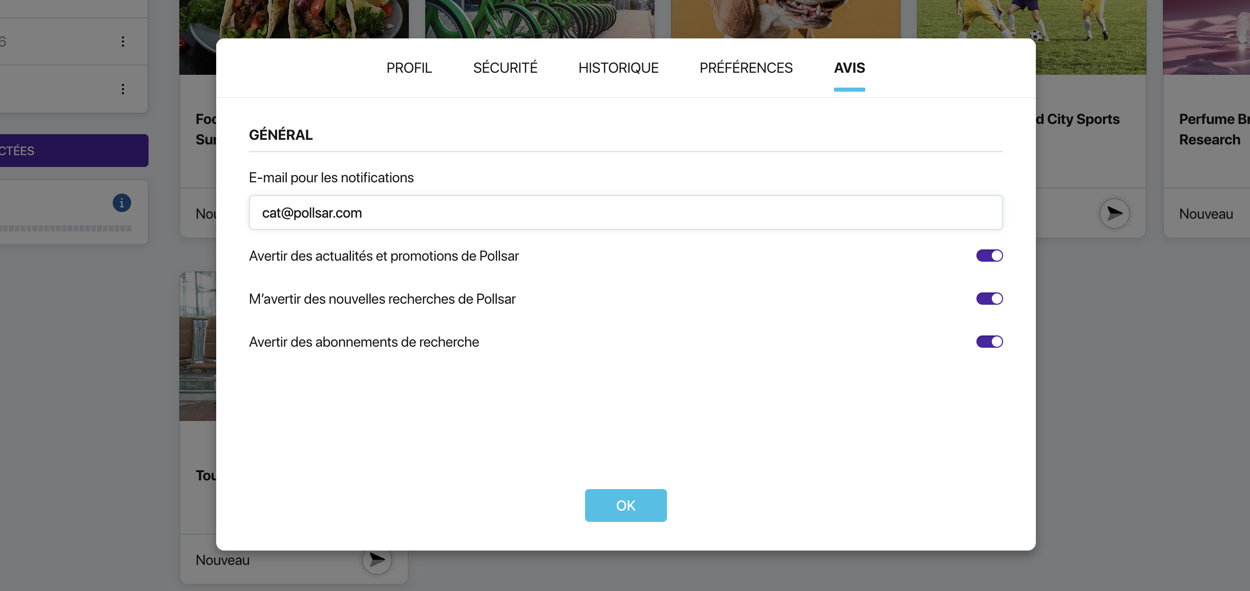 Onglet « Notifications » dans les paramètres du profil Pollsar avec les blocs « Général », « Aux auteurs » et « Aux répondants »