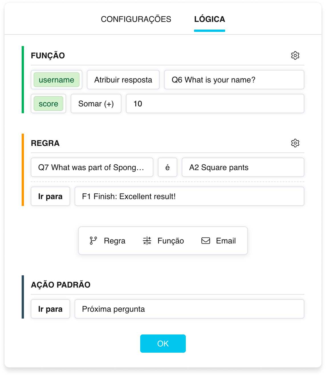 A aba Lógica nas configurações de uma pergunta: blocos «Regra», «Função» e Ação padrão
