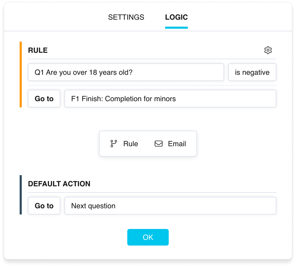 An example logic scenario: a “Rule” with a condition and a jump to a Finish page, and a Default action going to the next question
