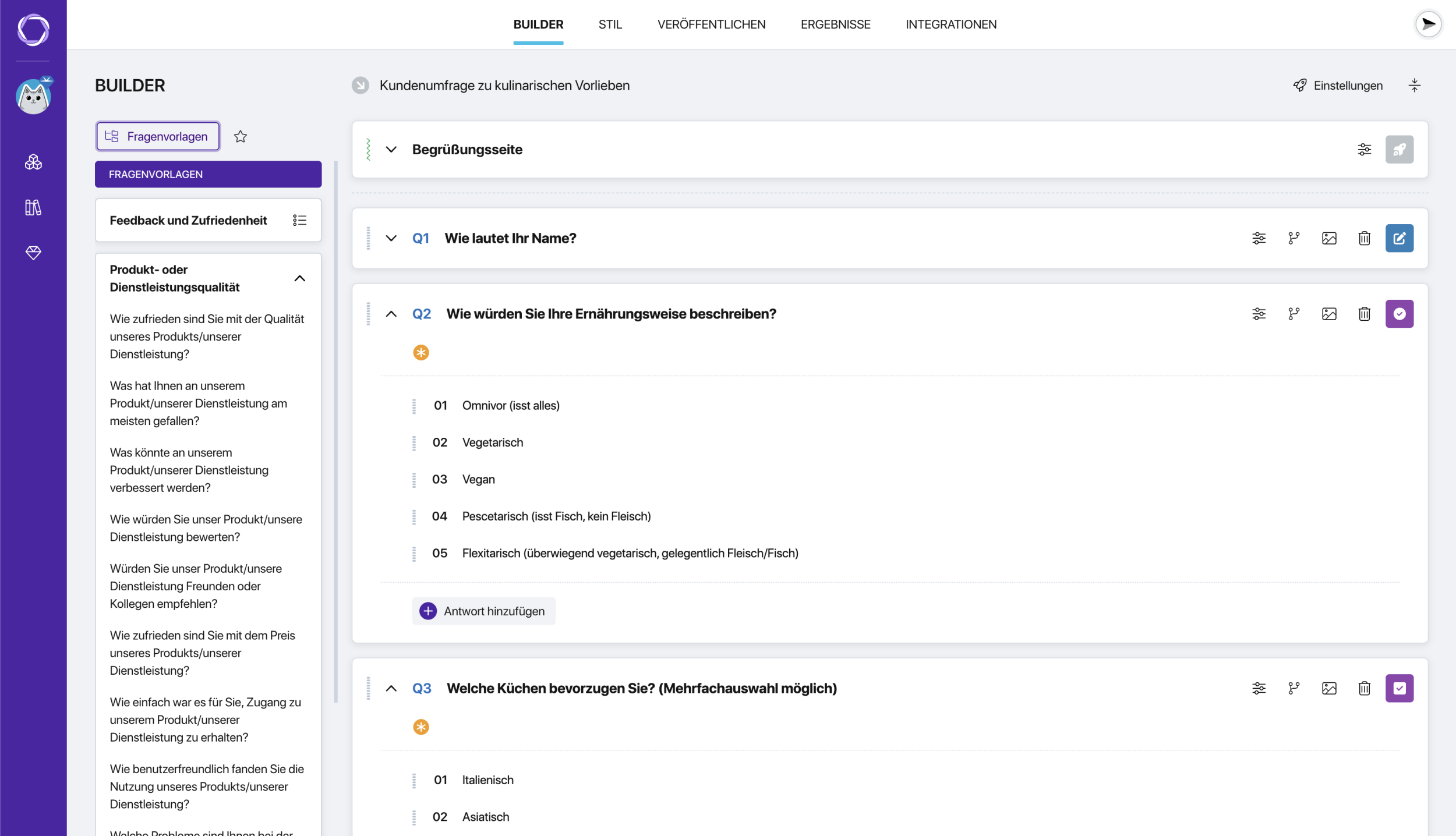 Oberfläche des Pollsar-Umfrage-Baukastens mit verschiedenen Fragetypen