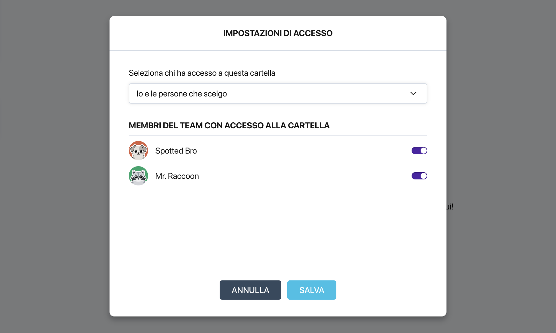 Finestra delle impostazioni di accesso alla cartella di Pollsar con il menu a discesa del livello di accesso e gli interruttori dei membri del team