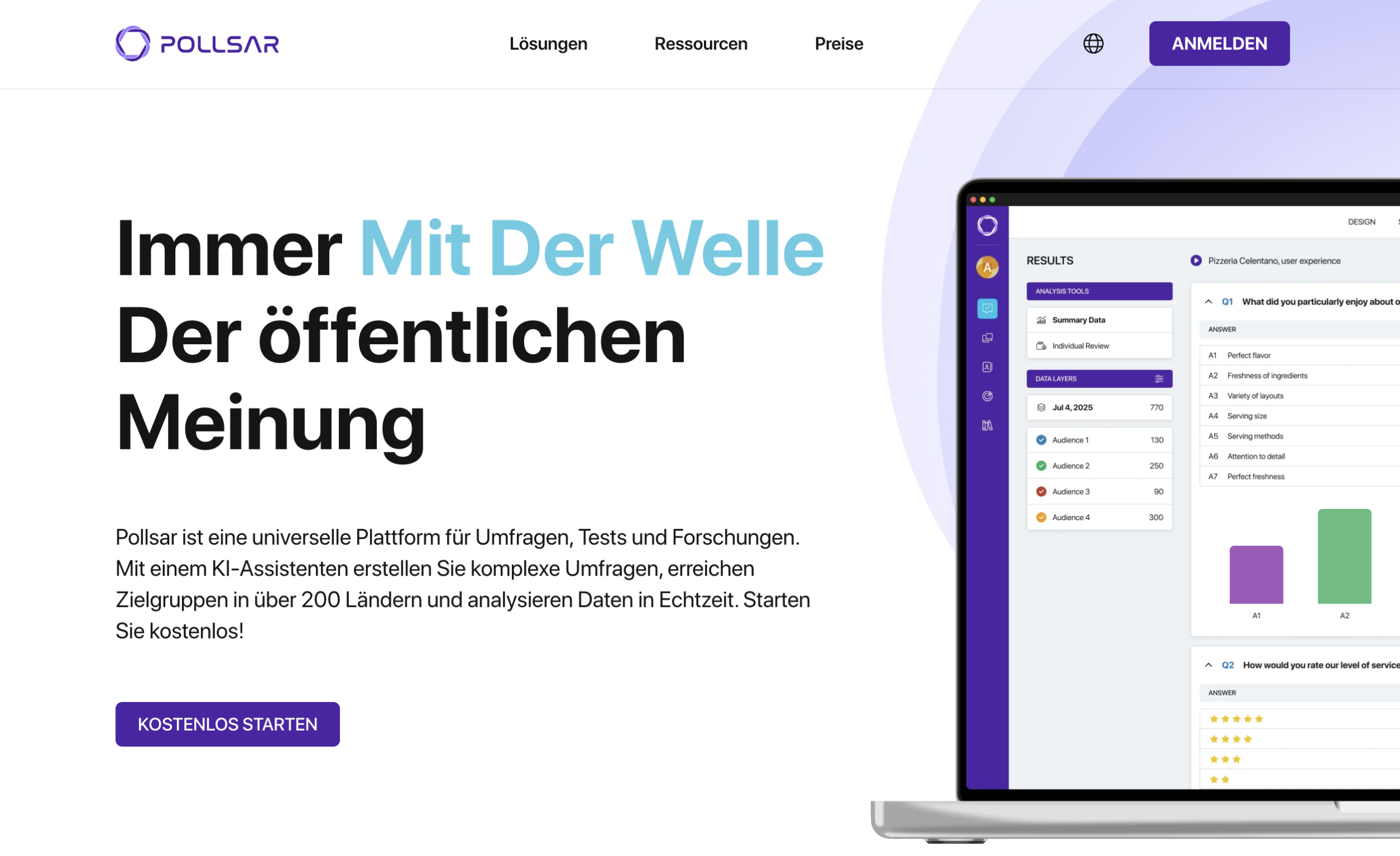 Startseite der Pollsar-Plattform mit der Registrierungsschaltfläche