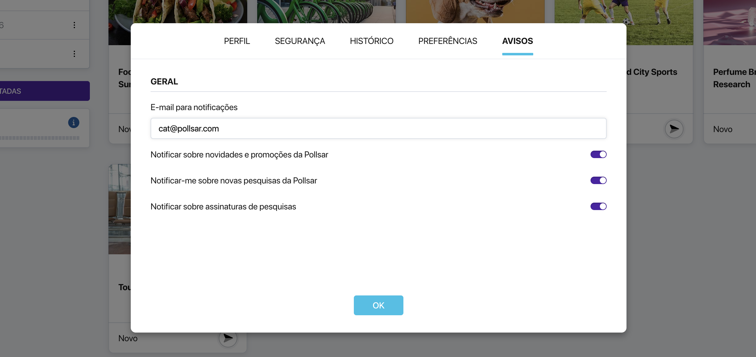 Aba «Notificações» nas configurações do perfil do Pollsar com os blocos «Geral», «Para autores» e «Para respondentes»