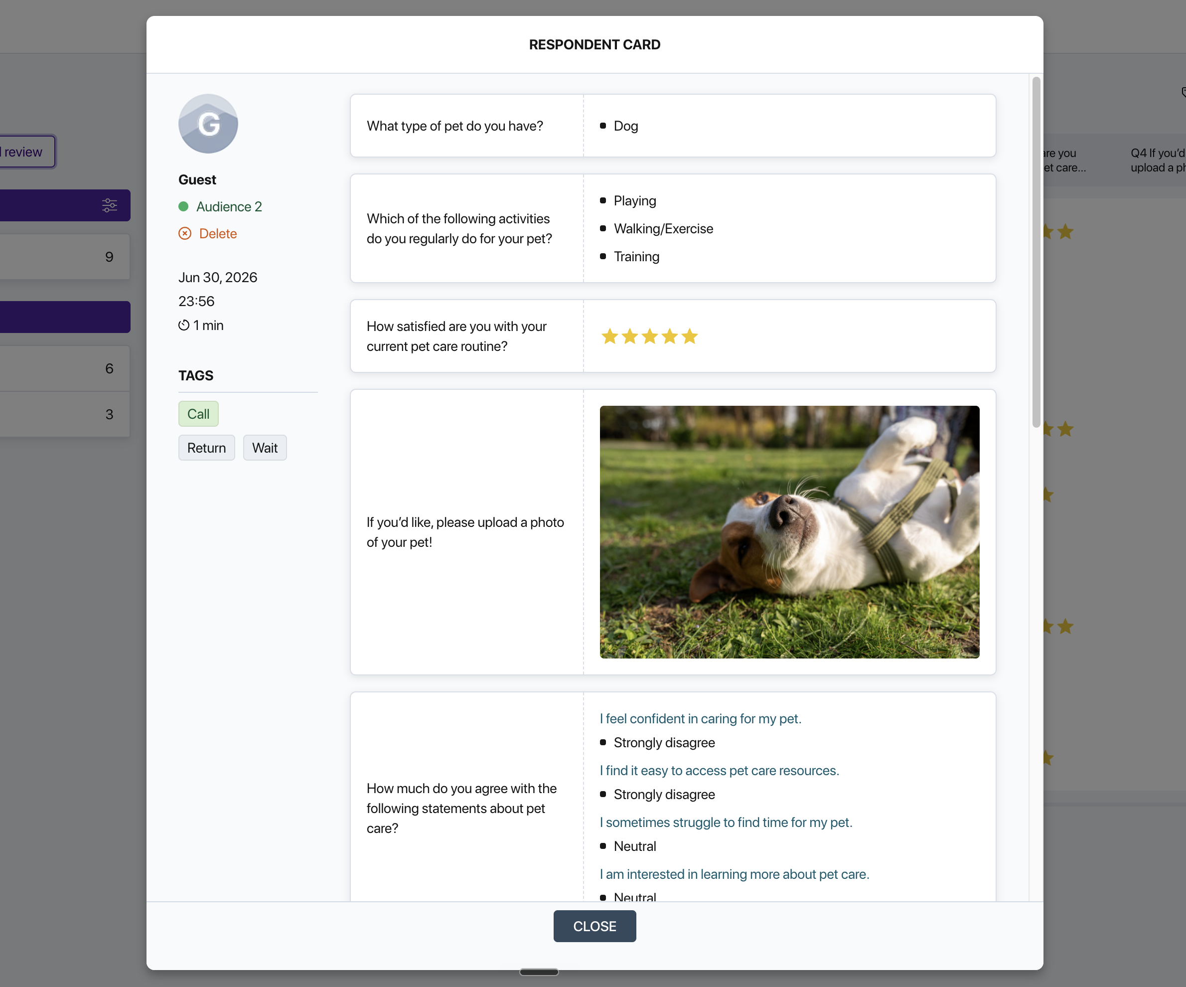 Pollsar respondent card — left side with respondent info and tags, right side with the list of questions and answers