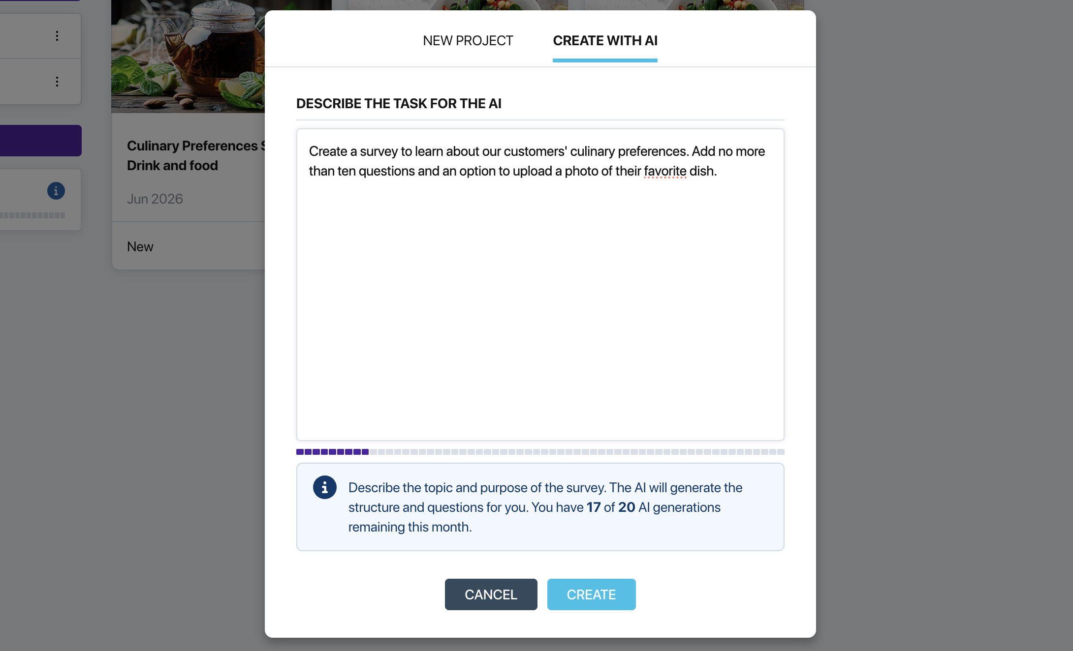 AI assistant survey creation window in Pollsar