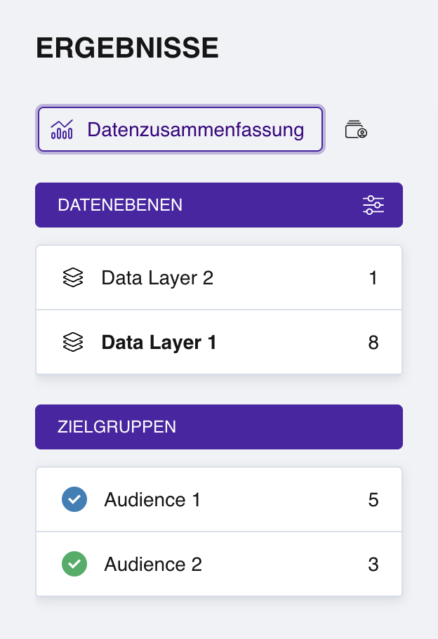 Der linke Bereich des Abschnitts Ergebnisse mit einer Liste von Zielgruppen mit Kontrollkästchen, farbigen Markierungen und Antwortzählern