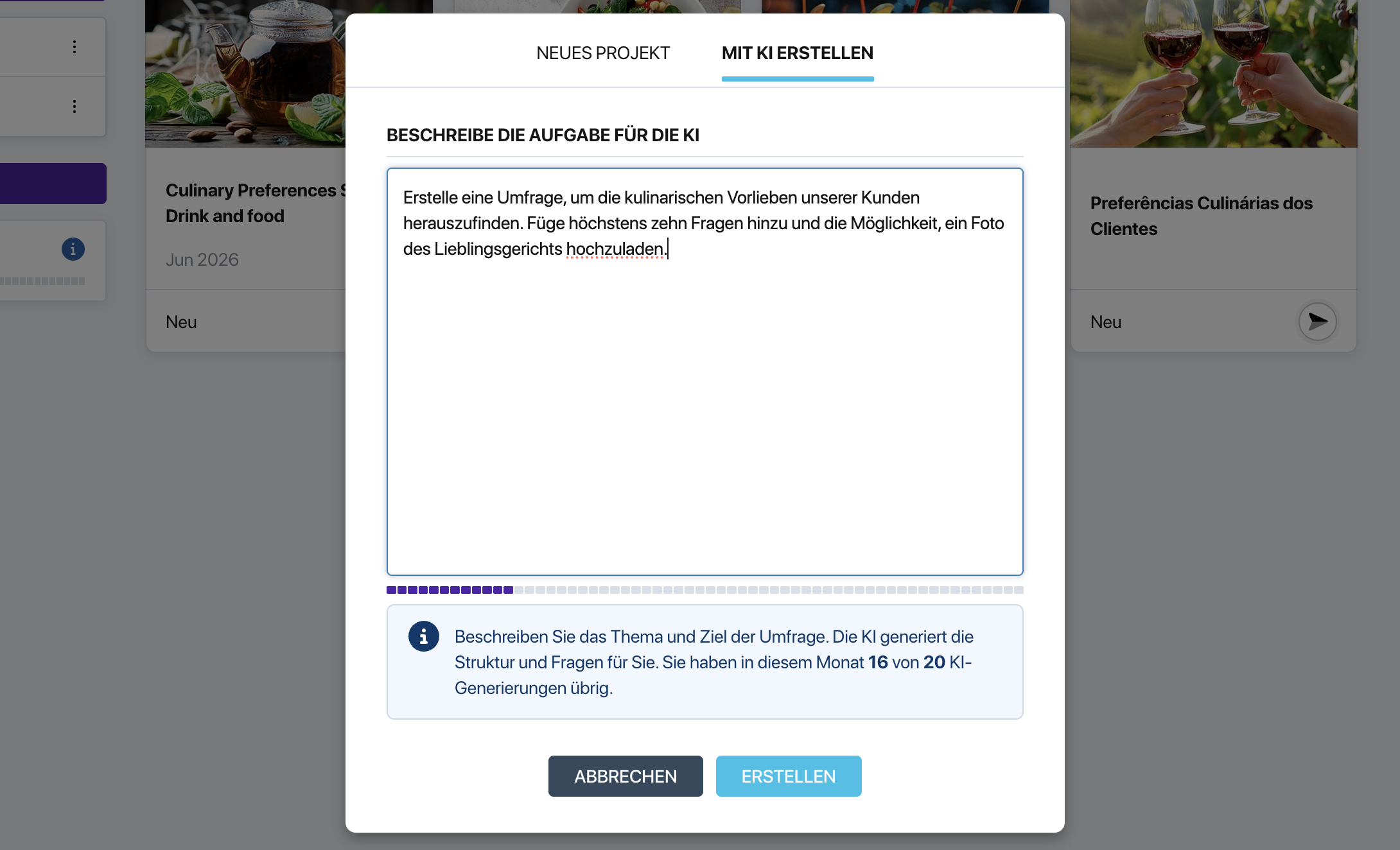 Fenster zur Erstellung einer Umfrage mit dem KI-Assistenten in Pollsar