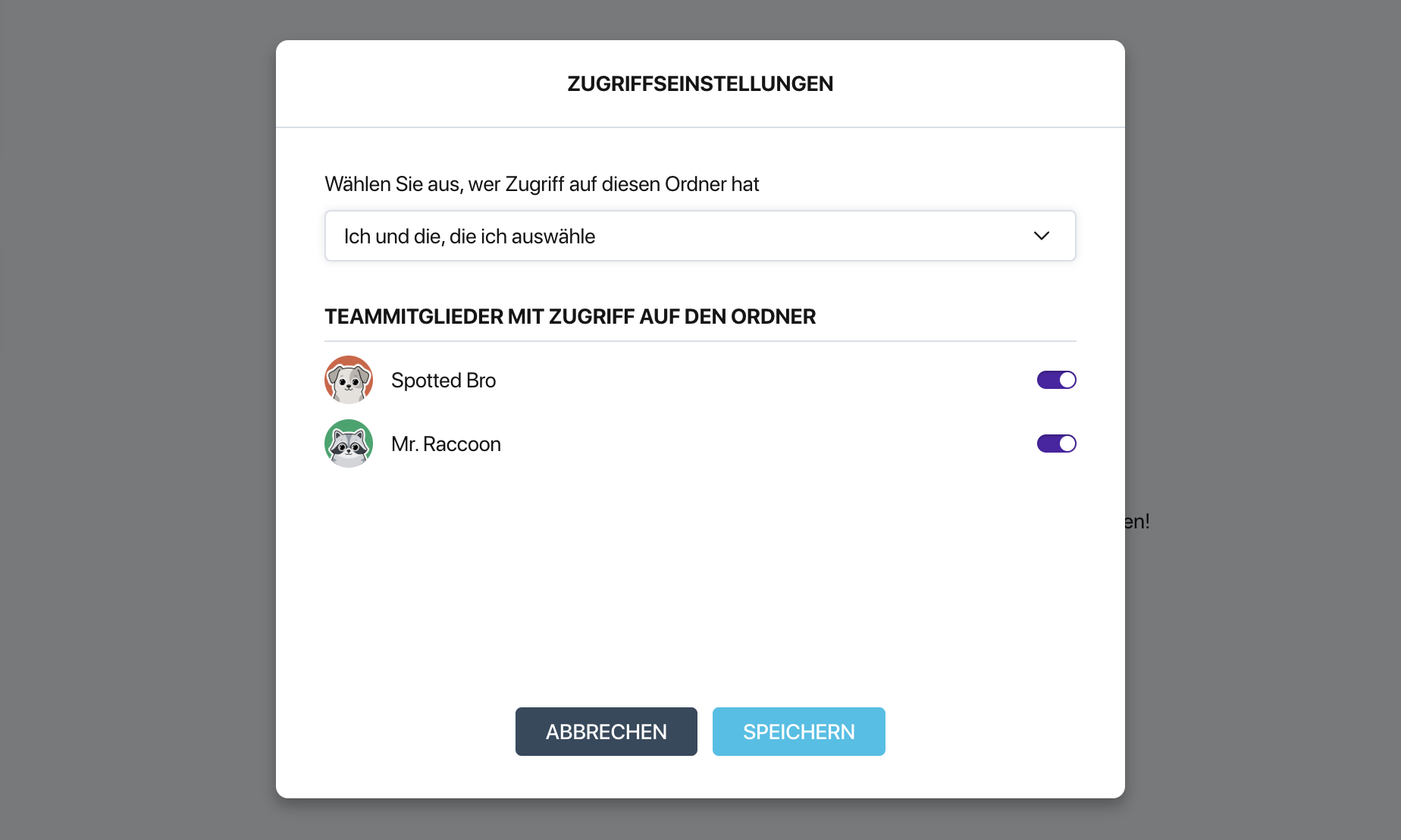 Pollsar-Dialog für die Zugriffseinstellungen des Ordners mit Dropdown für die Zugriffsebene und Schaltern für die Teammitglieder