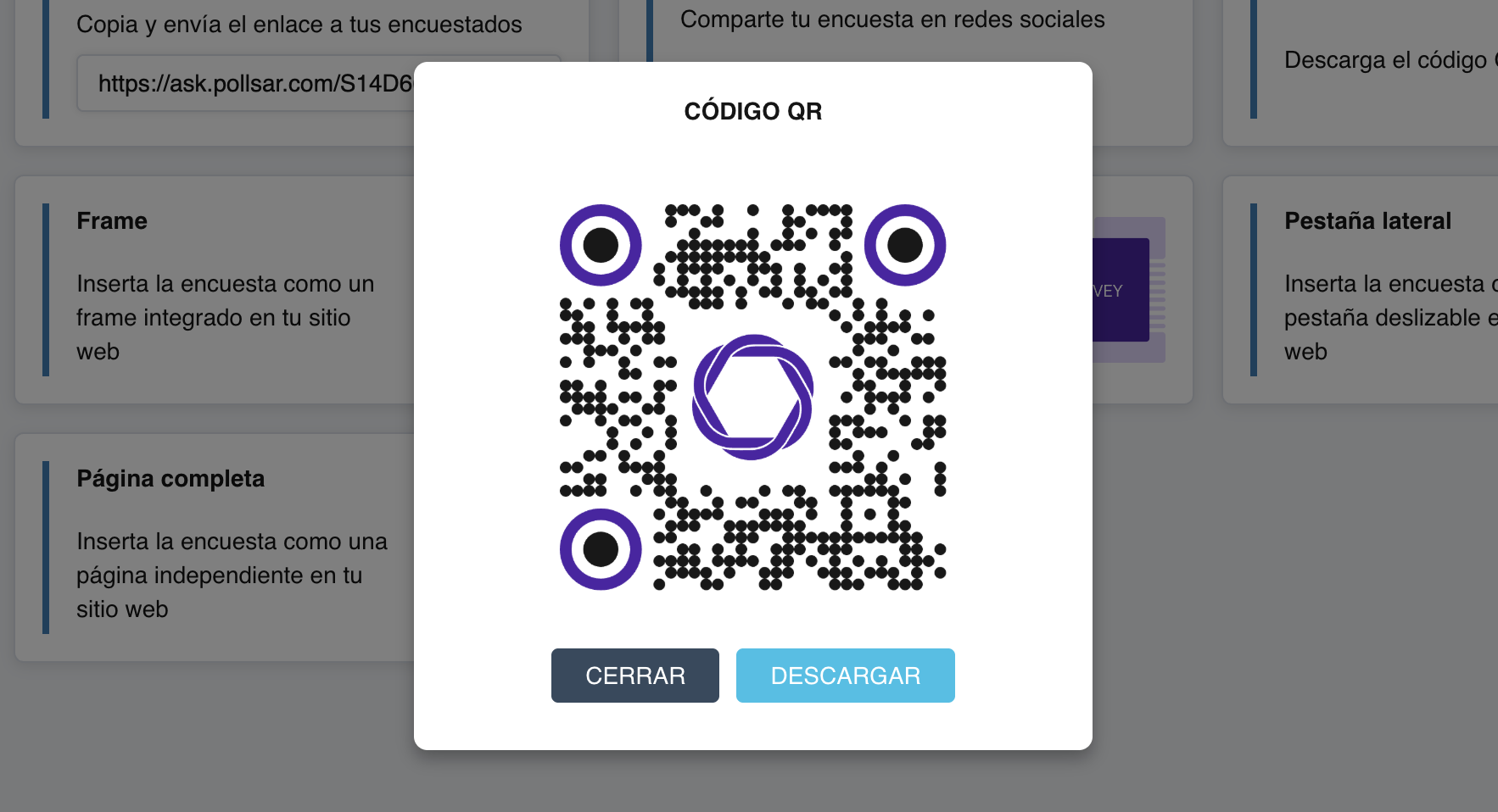 La ventana del código QR: un código QR grande de marca con un botón de descarga