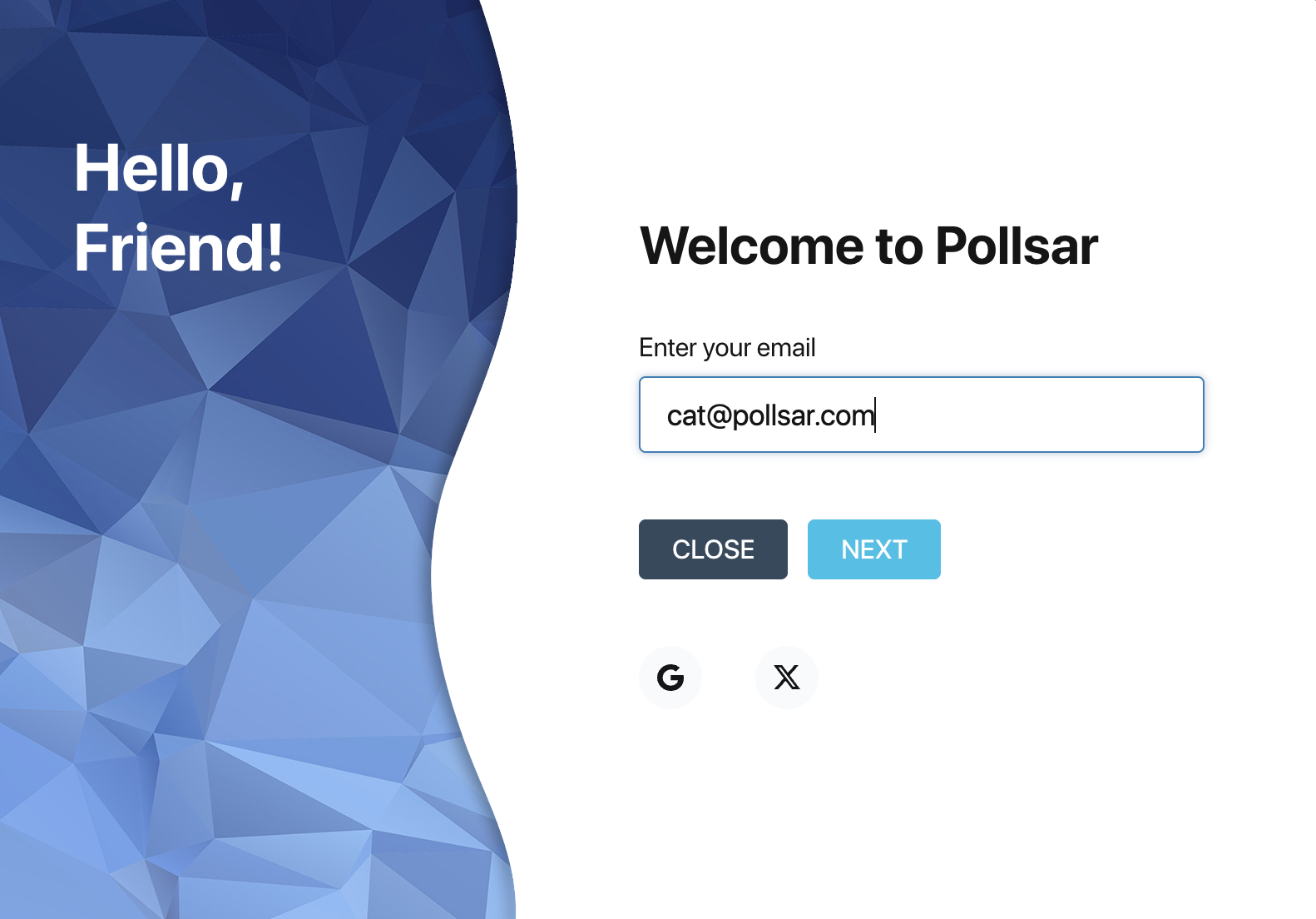 Pollsar-Anmeldefenster mit E-Mail-Feld und Social-Login-Schaltflächen