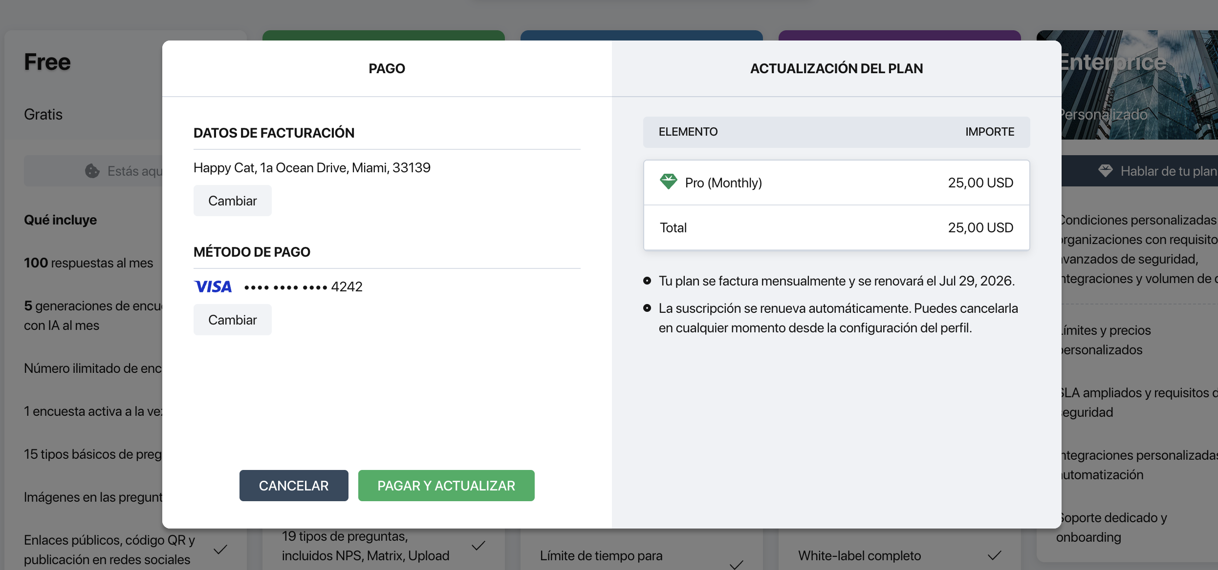 Ventana de pago de Pollsar — sección de pago con datos de facturación y método de pago a la izquierda, tabla de actualización del plan a la derecha, botones Cancelar y Pagar y actualizar en la parte inferior