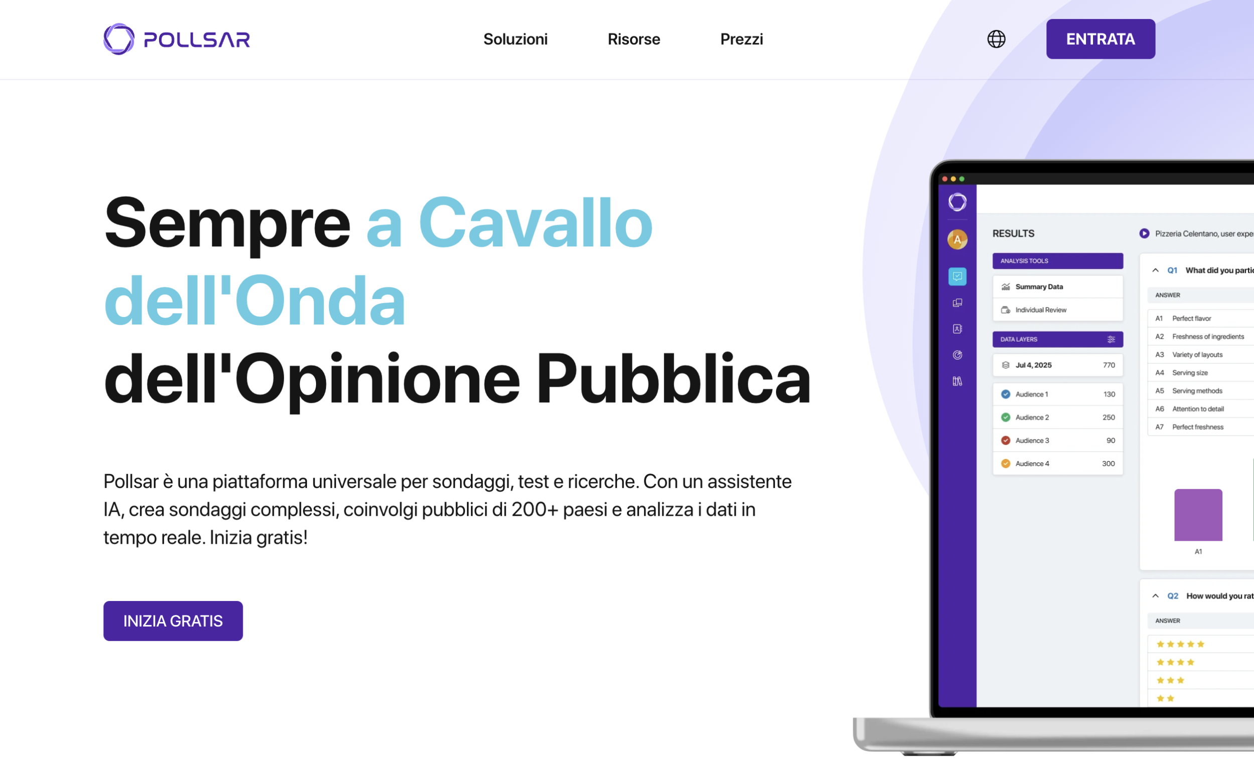 Pagina principale della piattaforma Pollsar con il pulsante di registrazione