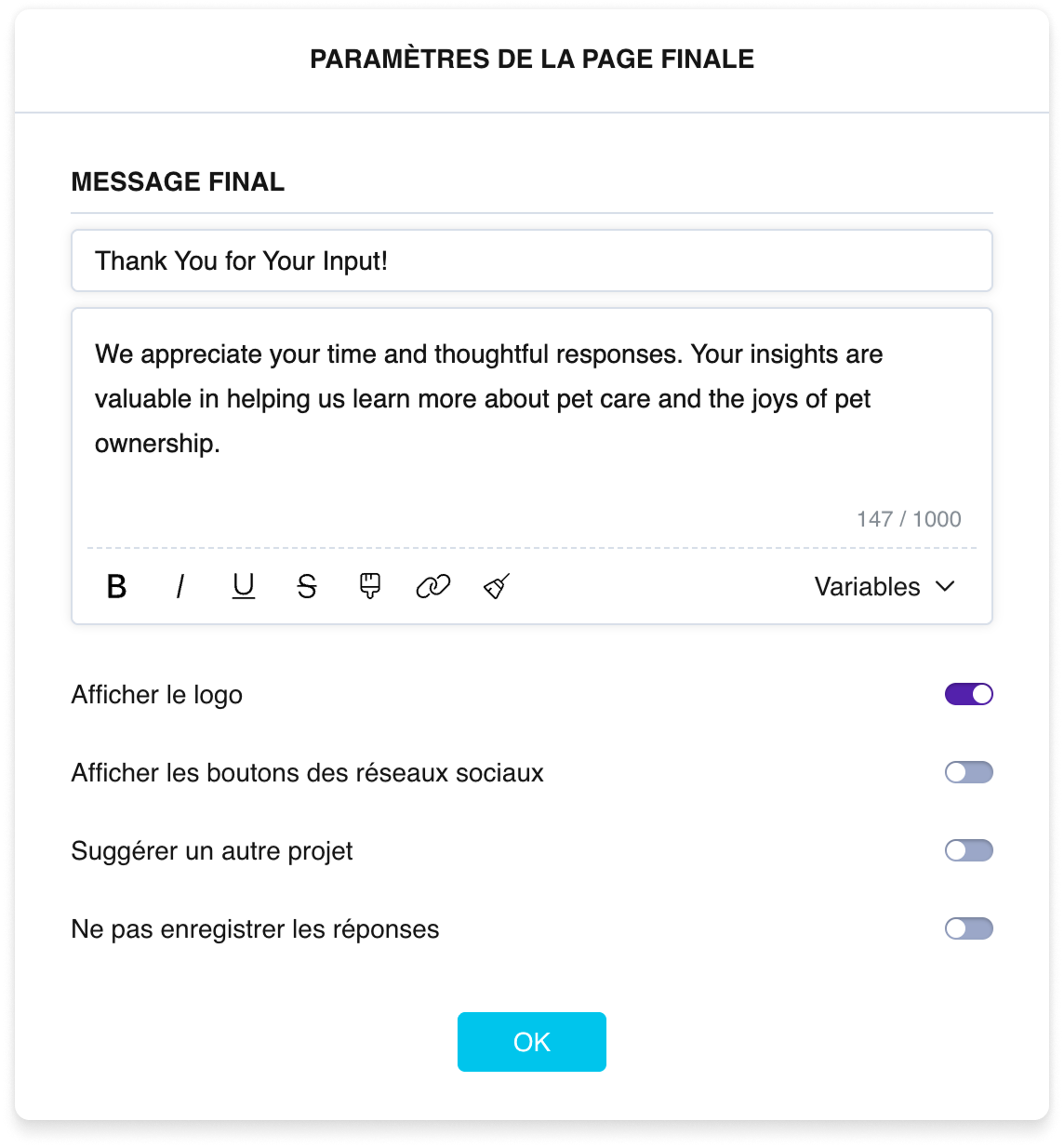 Les paramètres de la page finale : champs de titre et de texte, et interrupteurs pour le logo, les réseaux sociaux, un lien vers un autre sondage et l'option « Ne pas enregistrer les réponses »