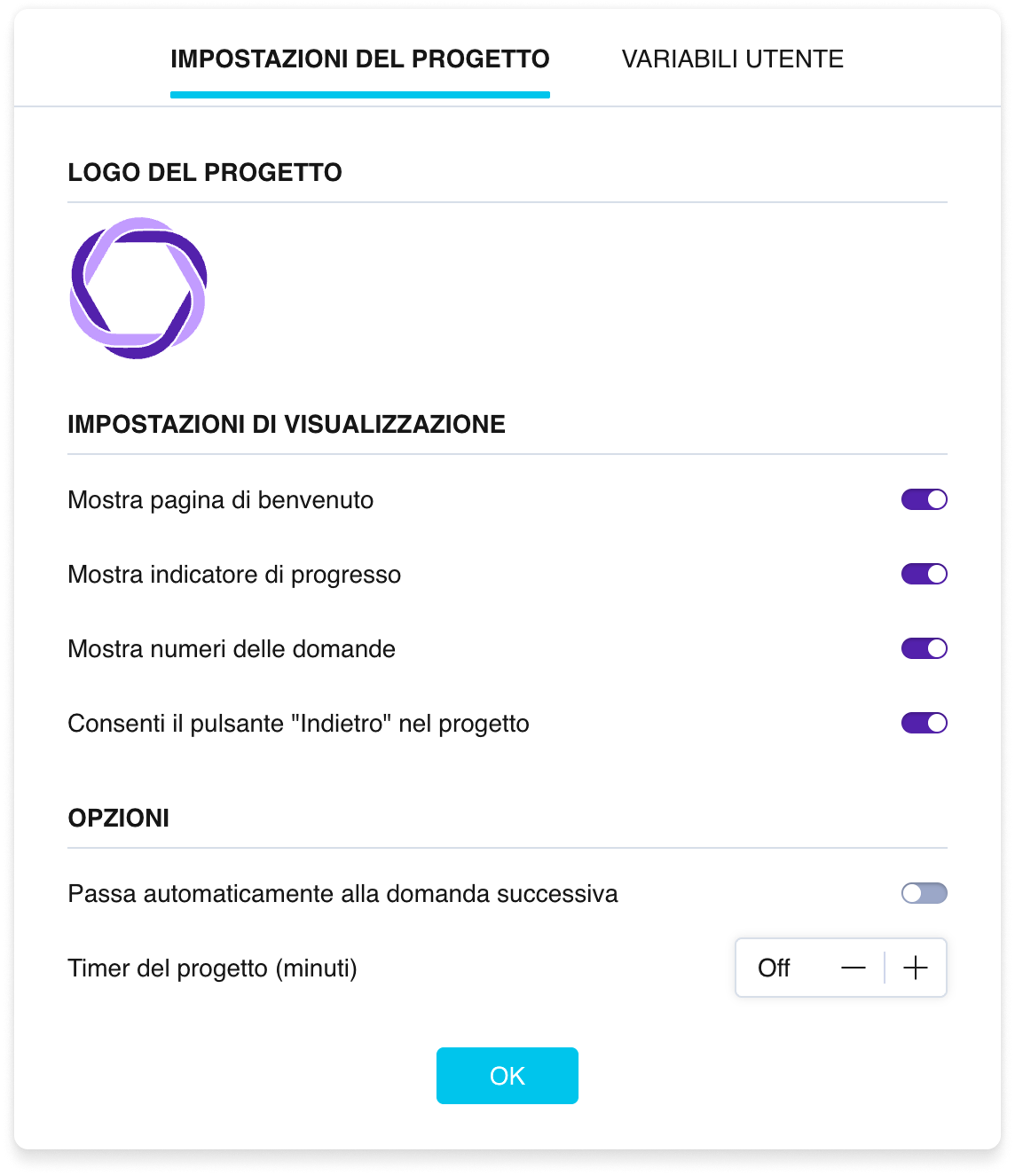 La finestra delle impostazioni del sondaggio, la scheda Impostazioni del sondaggio, con interruttori per le opzioni di visualizzazione